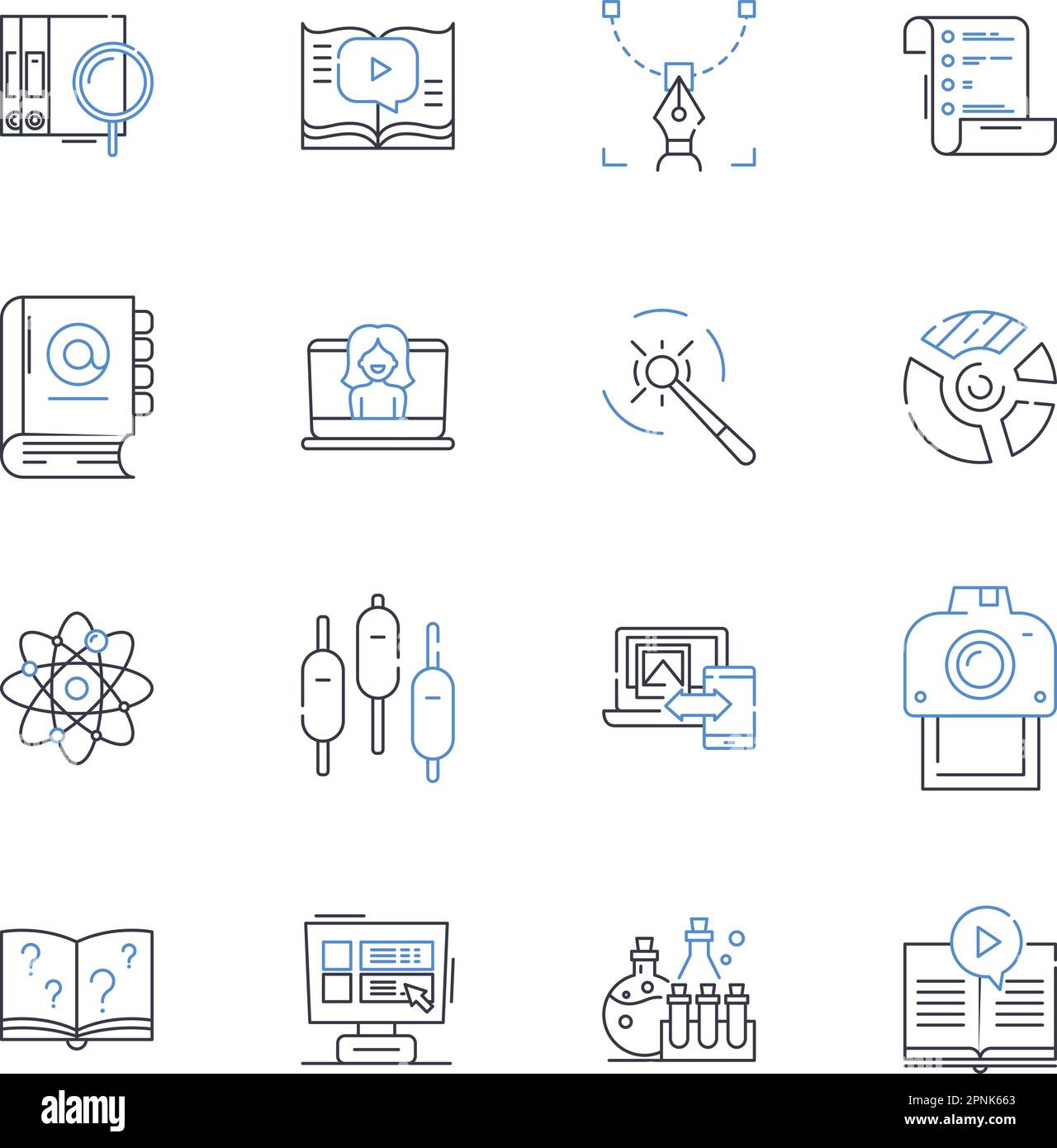 Sammlung der Liniensymbole für die literarische Analyse. Symbolik, Metapher, Bilder, Ironie, Vorhersage, Archetyp, Anspielungsvektor und lineare Darstellung. Design Stock Vektor