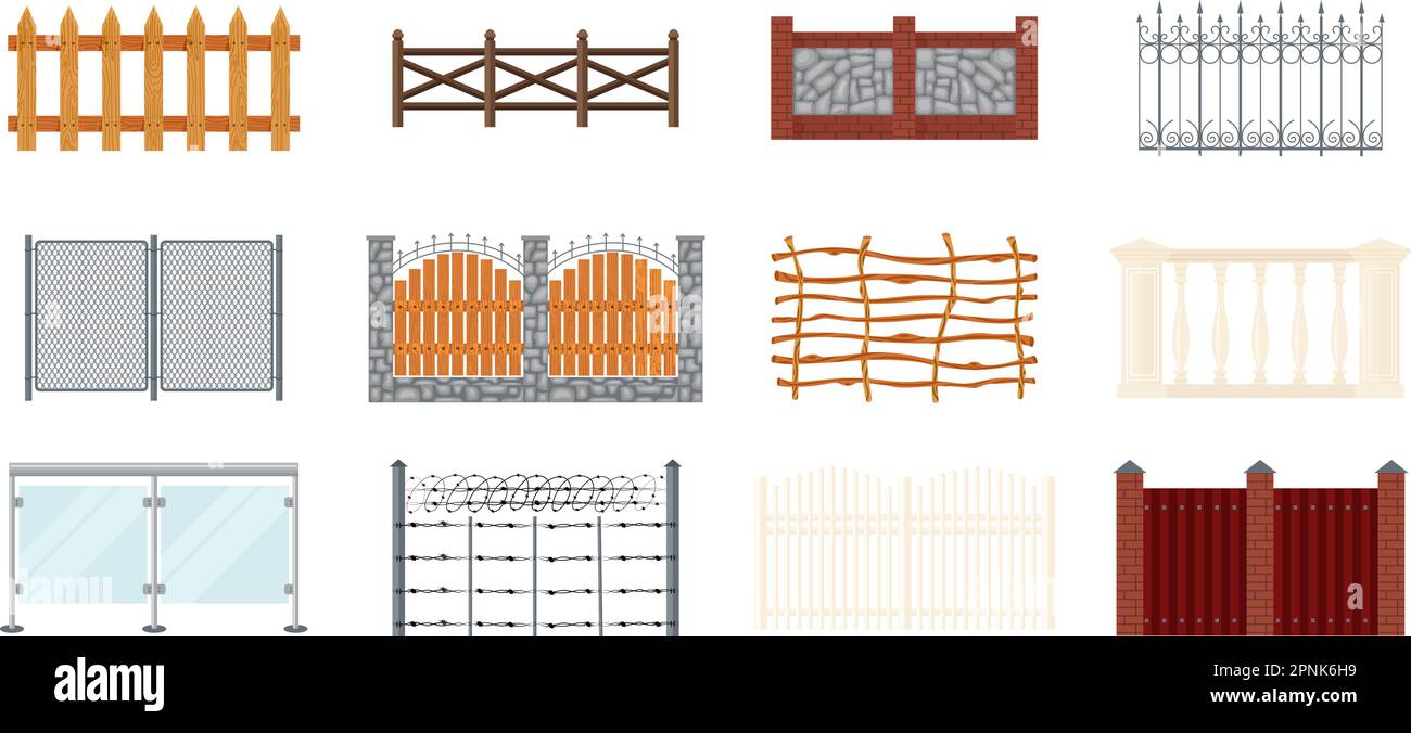 Flaches Set mit isolierten Symbolen von Zaunteilen aus verschiedenen Materialien auf leerer Vektordarstellung im Hintergrund Stock Vektor