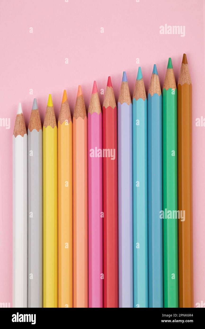 Farbige Bleistifte in Pastelltönen auf pinkfarbenem Hintergrund. Mehrfarbige Pastellstifte. Stockfoto