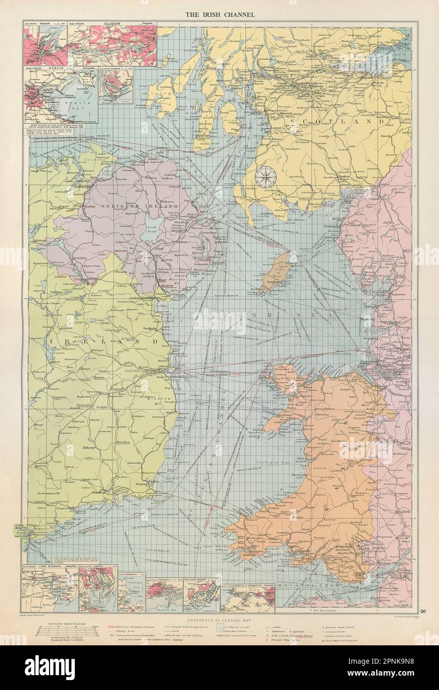 Irische Seekarte. Häfen Leuchttürme Postrouten Werften. GROSSE 1952-Karte Stockfoto