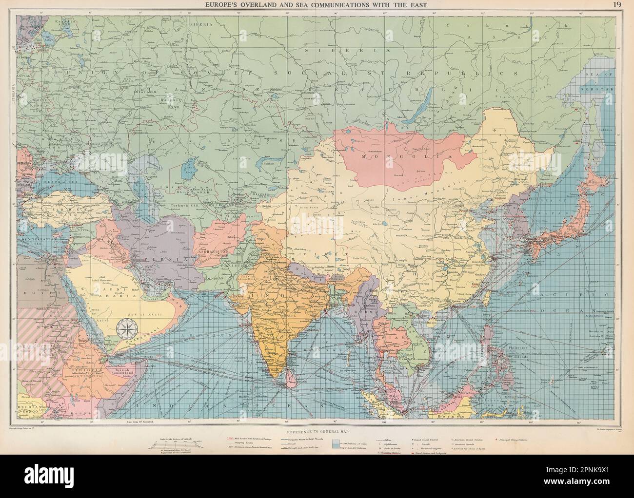 Kommunikation zwischen Europa und Asien über Land und Meer. Diagramm. GROSSE, 1952 Jahre alte Karte Stockfoto