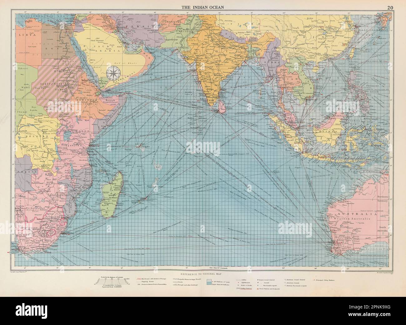 Seekarte des Indischen Ozeans. Häfen Leuchttürme Postrouten Werften. GROSSE 1952-Karte Stockfoto