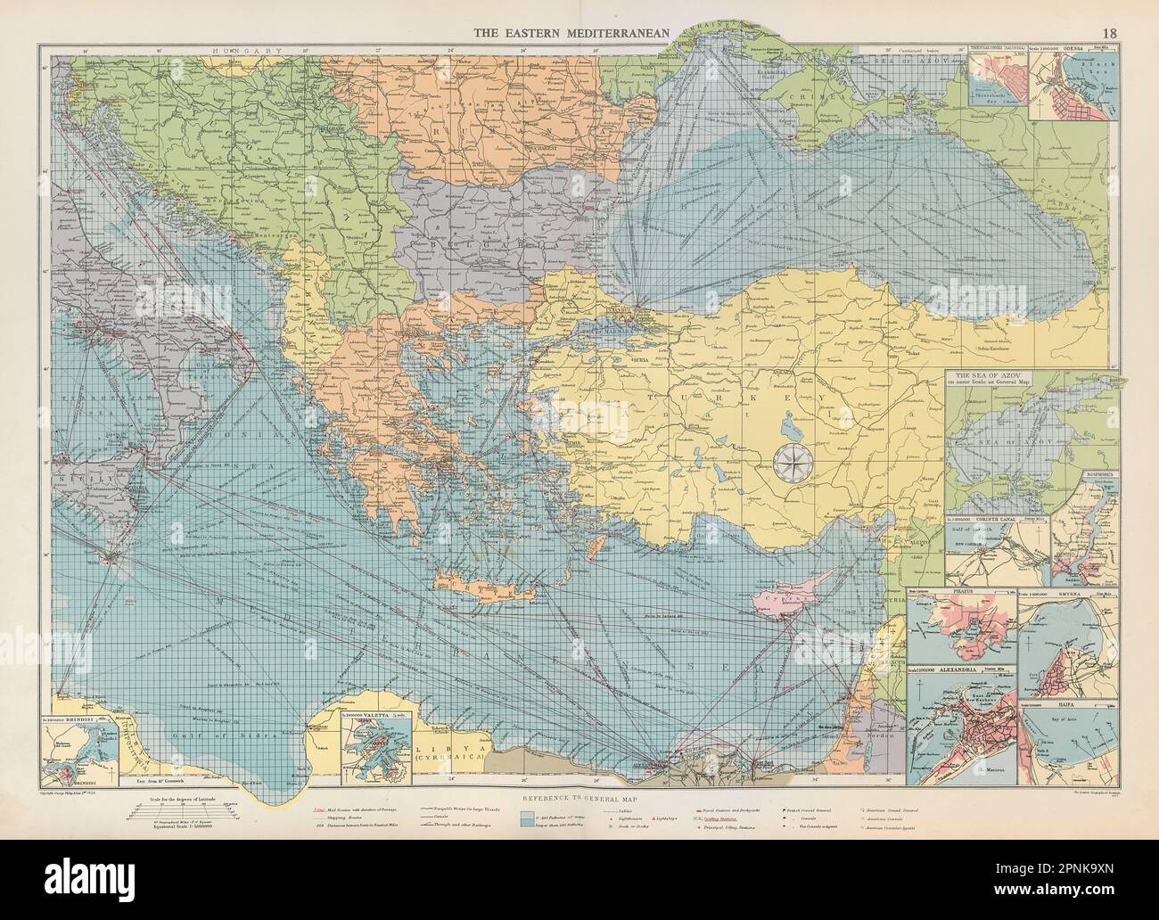 Karte für östliches Mittelmeer und Schwarzes Meer. Ports Leuchttürme Post. GROSSE 1952-Karte Stockfoto