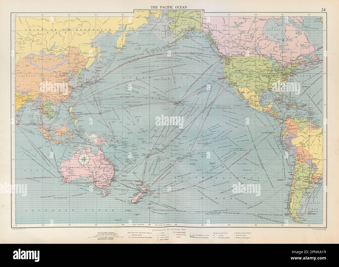Seekarte des Pazifischen Ozeans. Häfen Leuchttürme Postrouten Werften GROSSE 1952-Karte Stockfoto