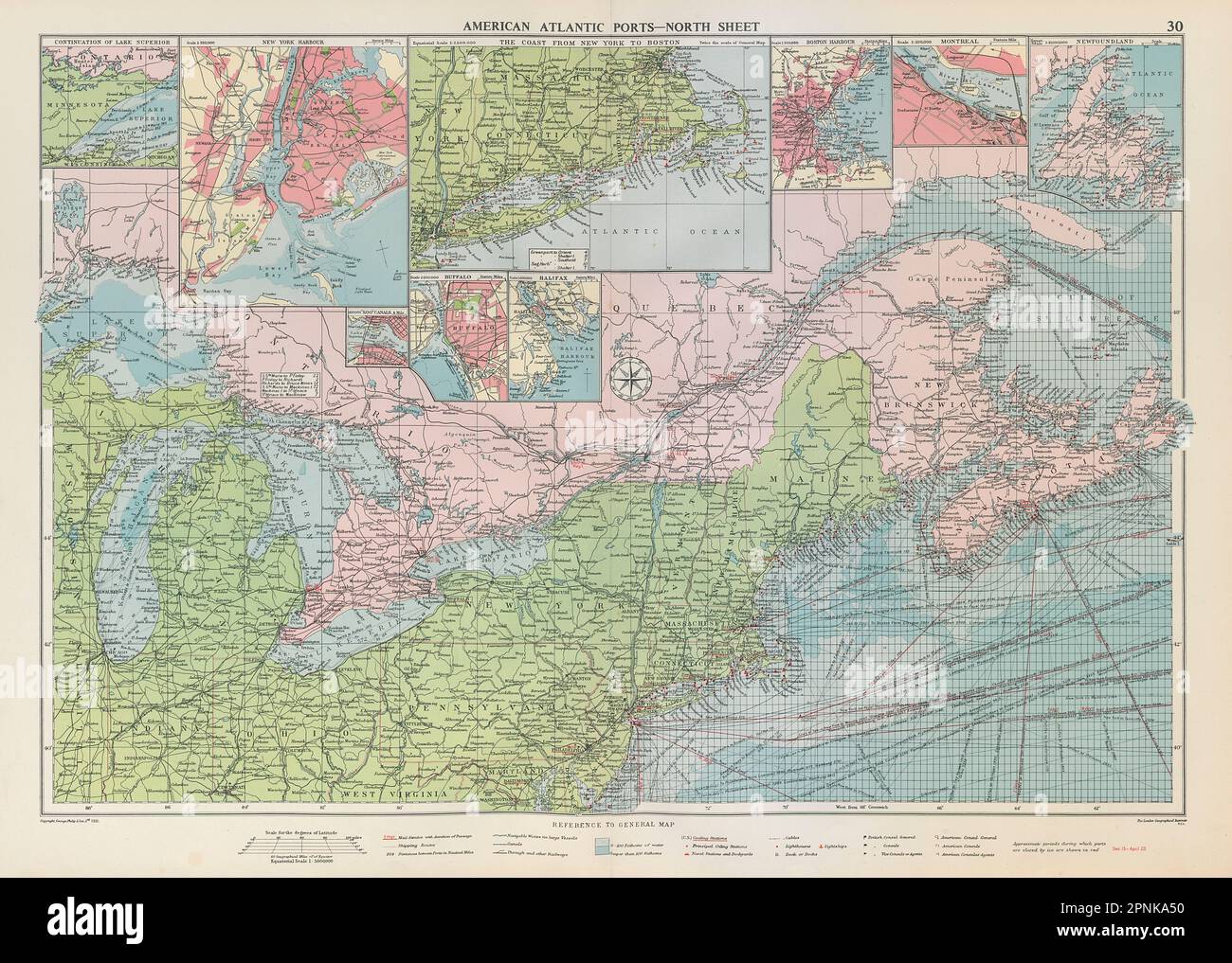 SEEKARTE der Häfen Atlantik und große Seen VON USA und Kanada. Leuchttürme &c GROSSE 1952-Karte Stockfoto