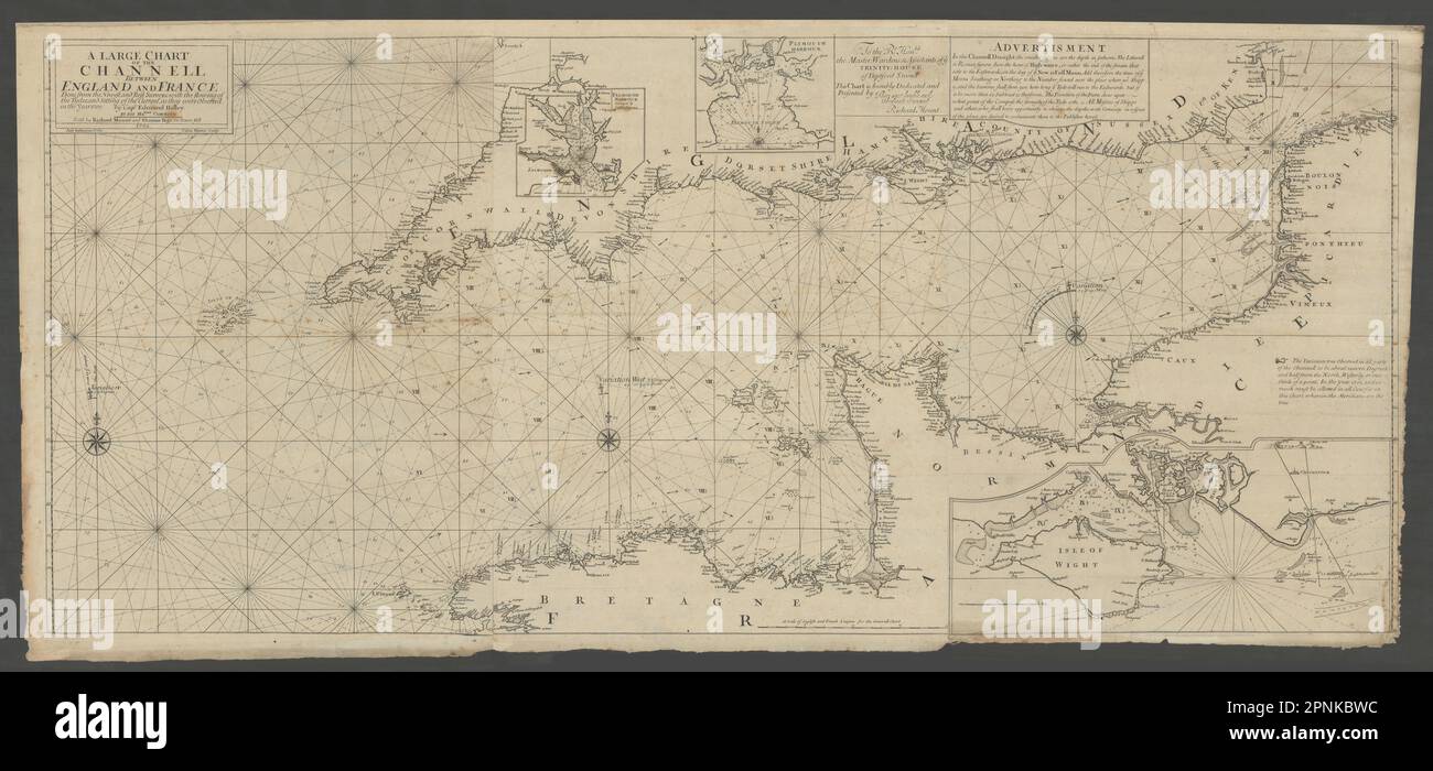 Ein großes Diagramm der Kanäle zwischen England und Frankreich. Gezeiten. HALLEY 1702 Karte Stockfoto