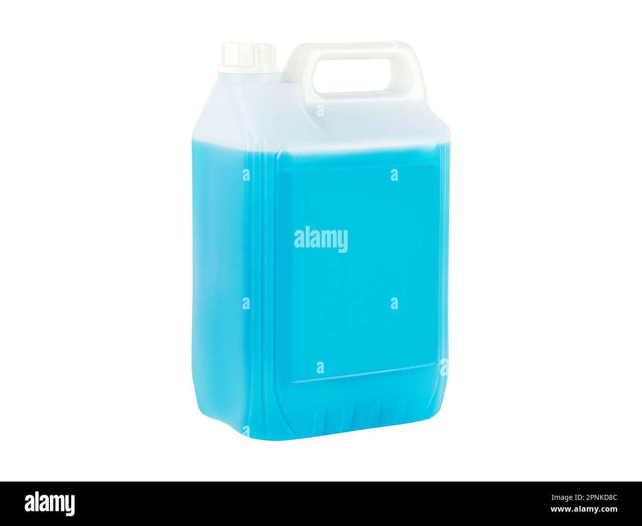 Blaues Frostschutzmittel im Behälter. Frostfreie Reinigungsflüssigkeit. Es gibt Orte für ein Label. Stockfoto