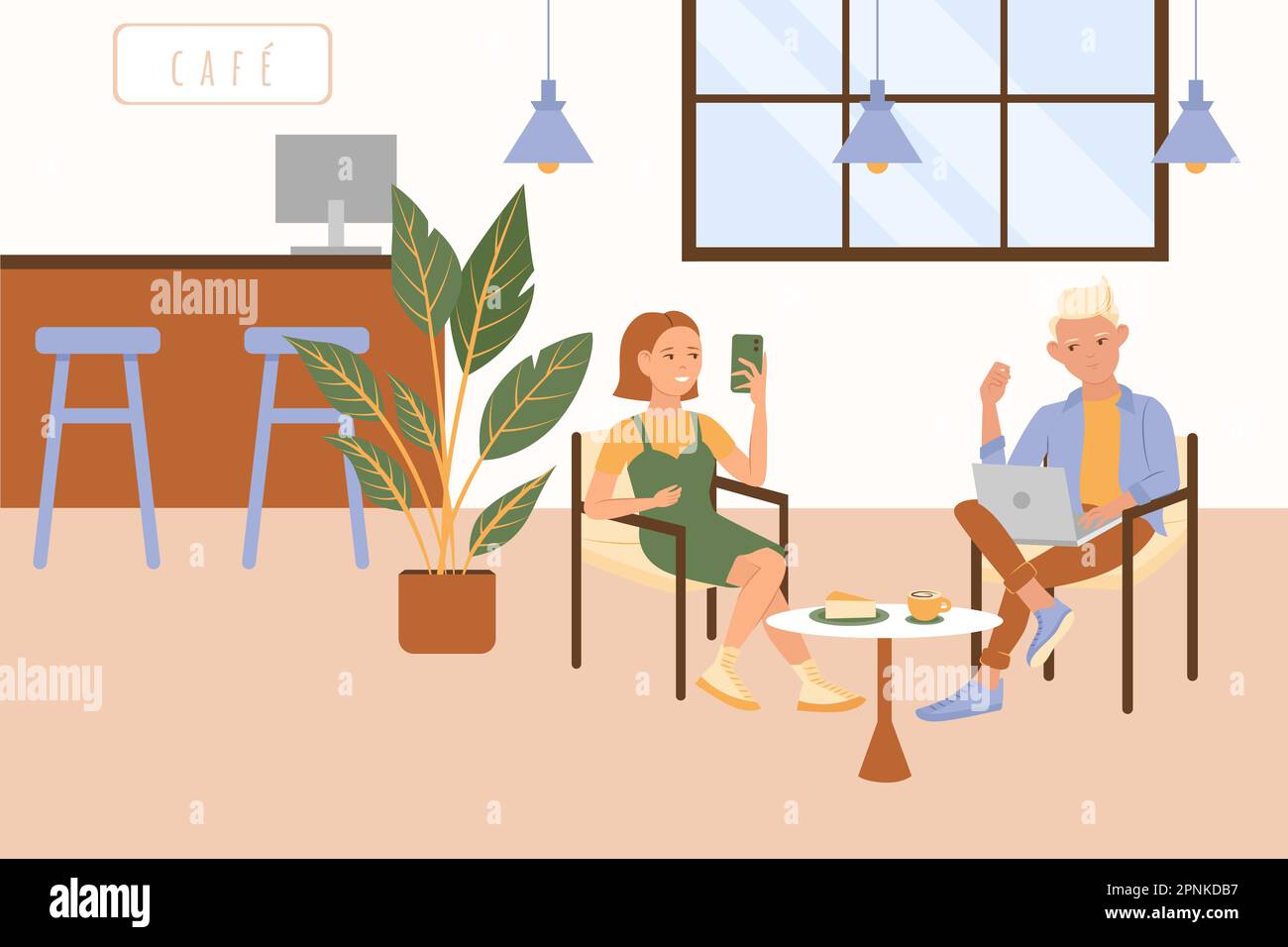 Generationen Menschen flachen Komposition mit überdachter Cafélandschaft und junge Paare sitzen am Tisch mit Gadgets Vektorgrafik Stock Vektor