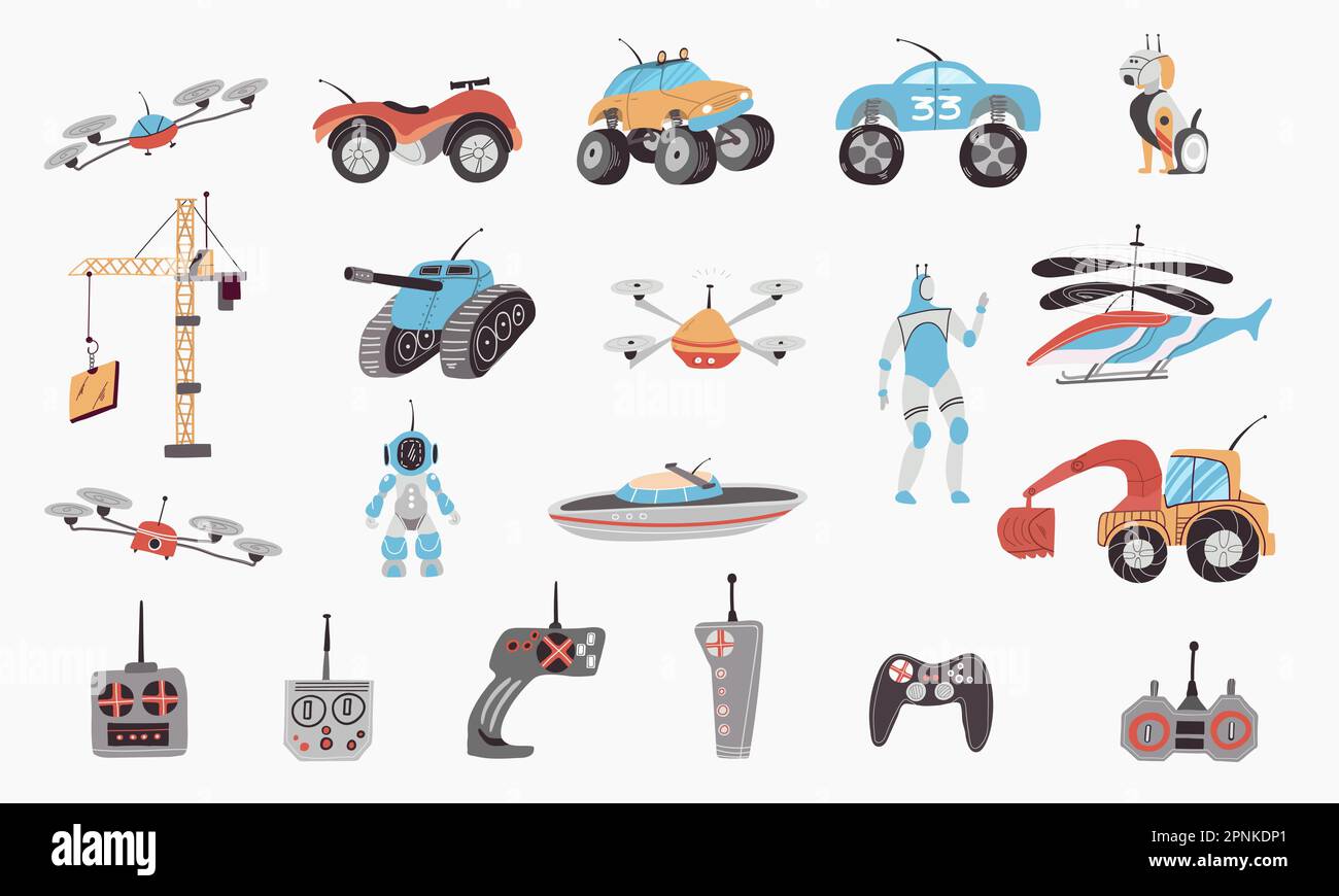 Spielzeugset mit Transport- und Drohnen-Symbolen flache, isolierte Vektordarstellung Stock Vektor