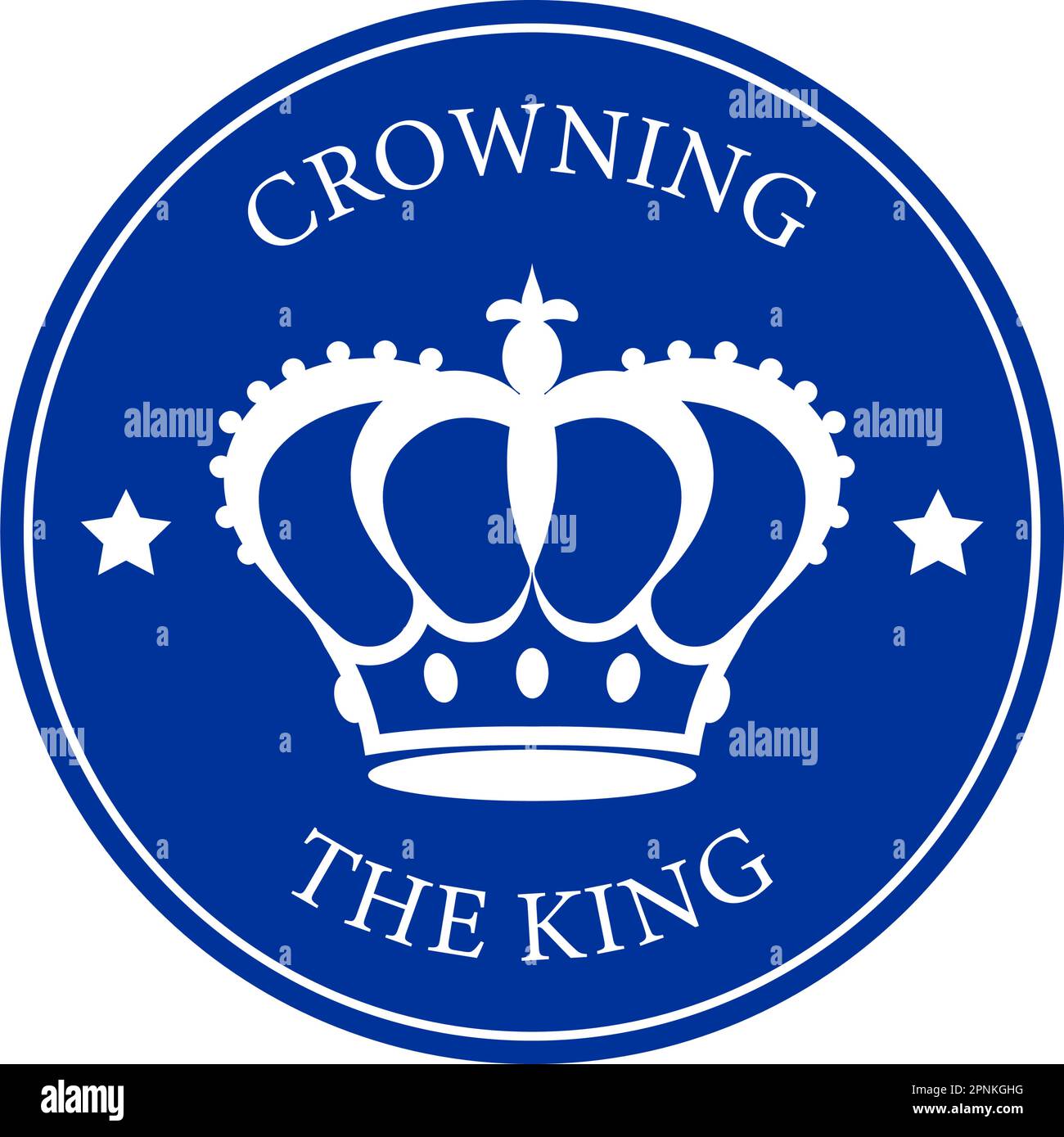 Ein weißer Umriss der königlichen Krone auf rundem blauem Hintergrund, begleitet von den Wörtern Krönung des Königs in moderner Schrift. Minimalistisches Design. Stock Vektor