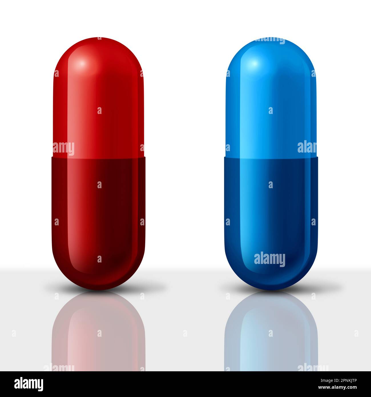 Generikum und Markenmedikation als rote und blaue Pille zur Wahl von Medikamentenkapseln als Symbol der Wahl zwischen preisgünstigen Generika Stockfoto