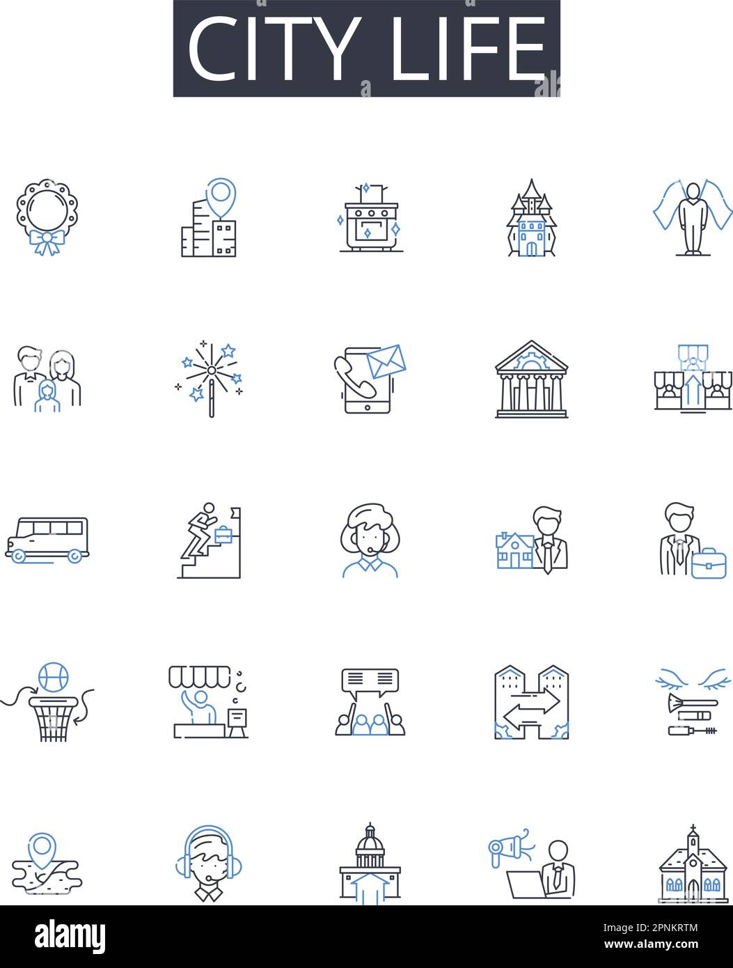 City Life Line Icons Kollektion. Ländliches Leben, Großstadt, städtisches Leben, Dorfleben, Metropolis Leben, Vorstadtleben, geschäftiges Treiben und Stock Vektor