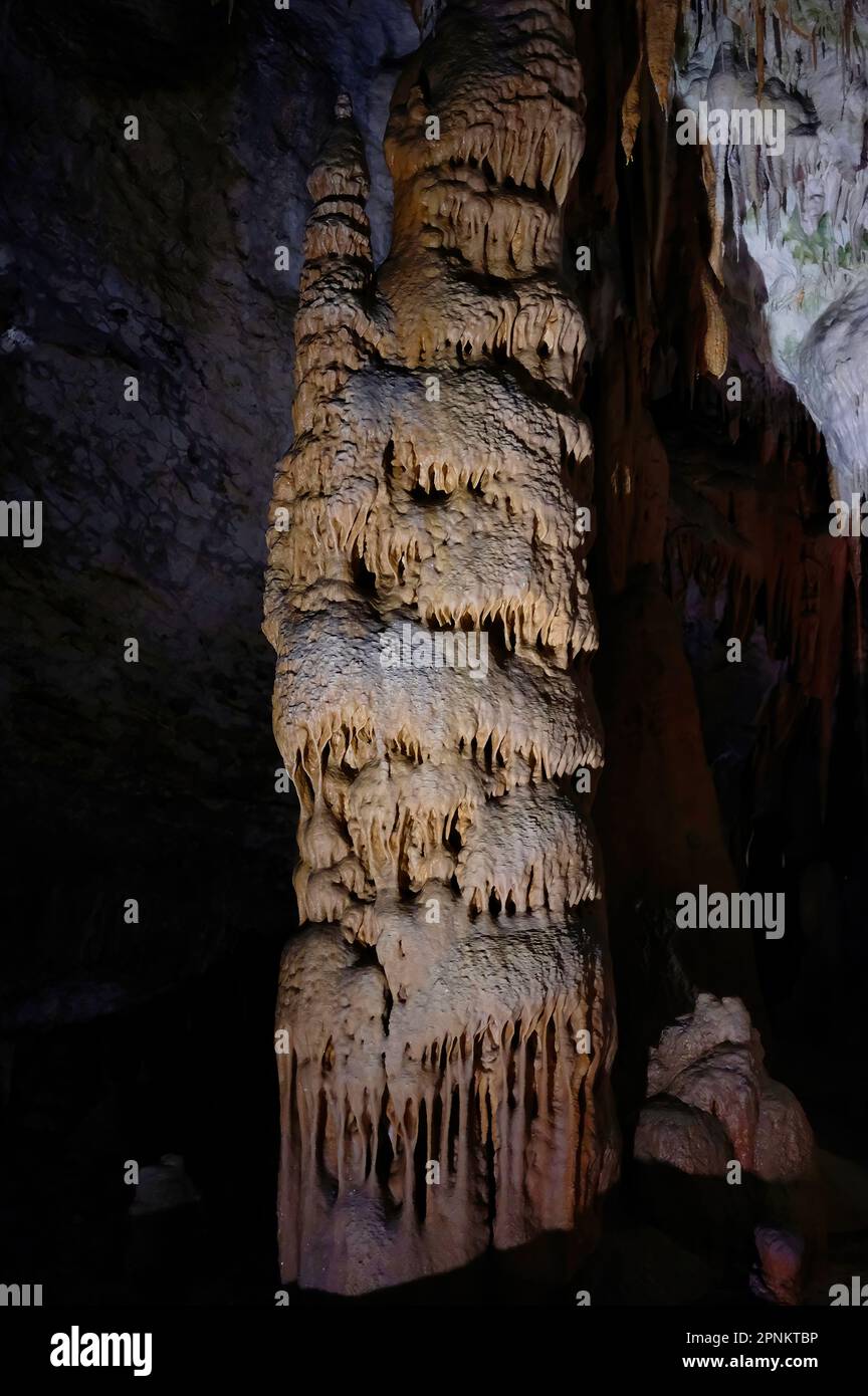 Die Höhle Postojna ist ein Karstkomplex in Slowenien und die größte und meistbesuchte Höhle in Europa mit fast 21 km Höhlen und Tunneln. Stockfoto