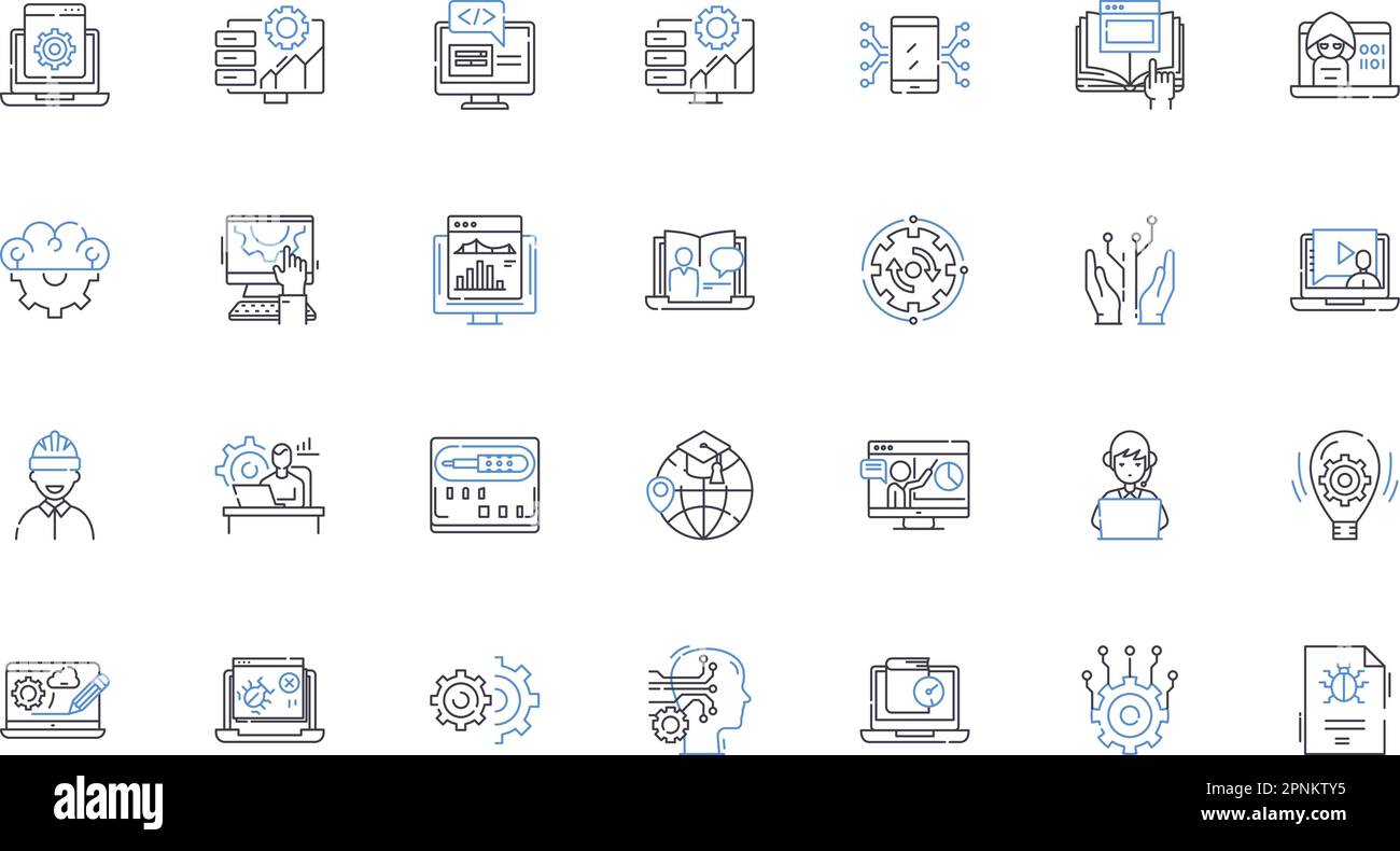 Sammlung von Zeilensymbolen für Skriptschreiben. Dialog, Darstellung, Szene, Charakterisierung, Format, Geschichtenerzählen, Climax-Vektor und lineare Illustration. Konflikt Stock Vektor