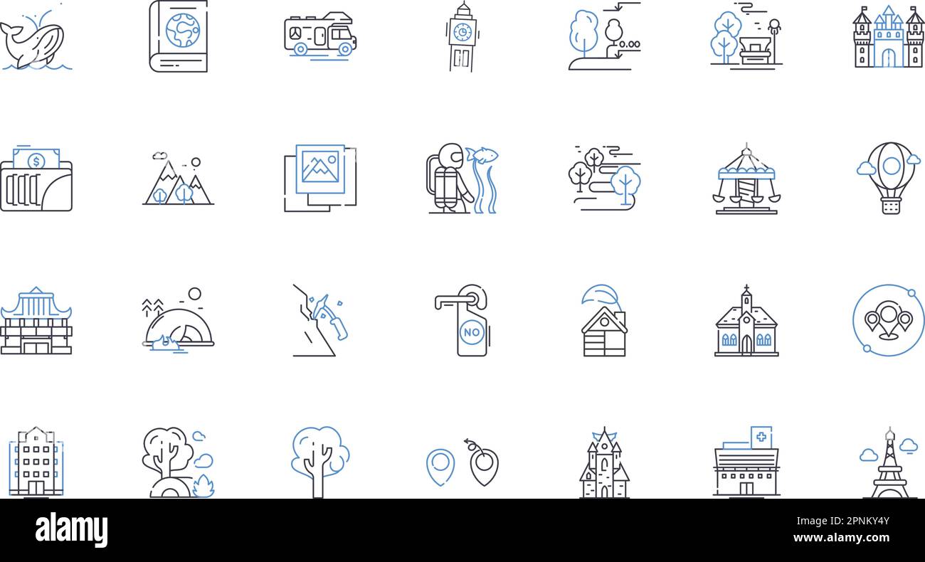 Kollektion für Leitsymbole von Freizeitberatern. Reisen, Tourismus, Erholung, Abenteuer, Unterhaltung, Entspannung, Freizeitvektor und lineare Darstellung Stock Vektor