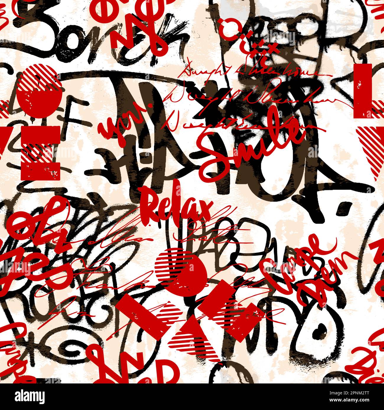 Nahtloses handschriftliches Graffiti-Muster, Straßenkunst, Malerei. Stockfoto