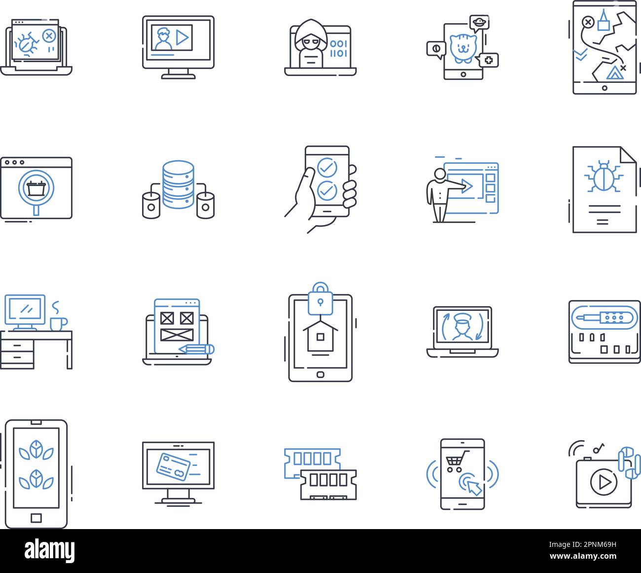 Symbolsammlung für elektronische Geräte. Smartph, Tablet, Notebook, Desktop, Smartwatch, Router, Phantomvektor und lineare Darstellung. Ohrstöpsel Stock Vektor