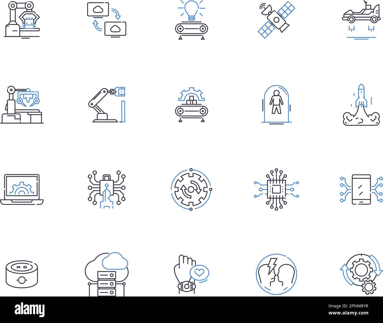 Symbolsammlung der Technologielinie. Innovation, Kommunikation, Automatisierung, Virtualisierung, Konnektivität, Cybersicherheit, Kryptowährungsvektor und linear Stock Vektor