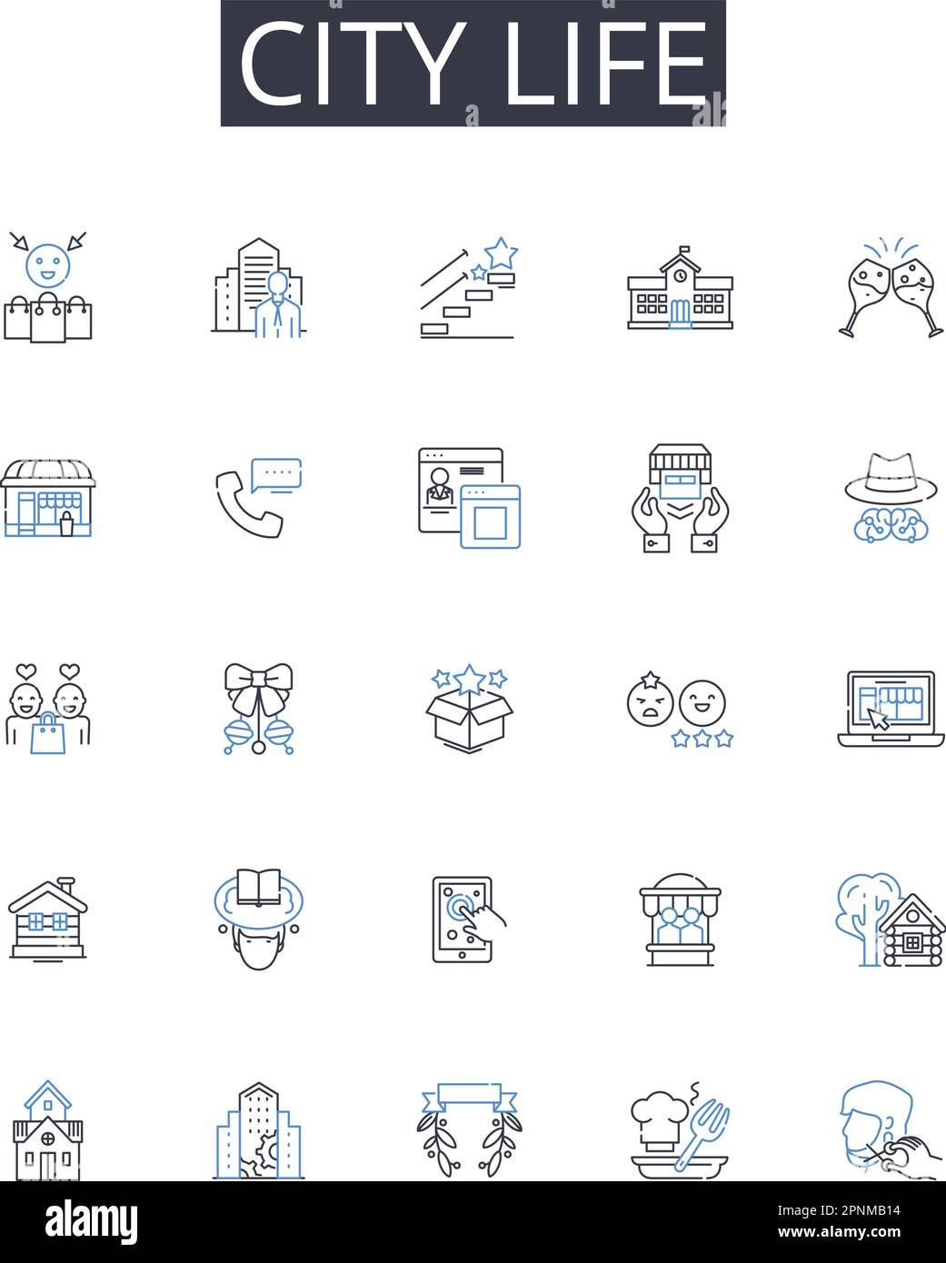 City Life Line Icons Kollektion. Ländliches Leben, Großstadt, städtisches Leben, Dorfleben, Metropolis Leben, Vorstadtleben, geschäftiges Treiben und Stock Vektor