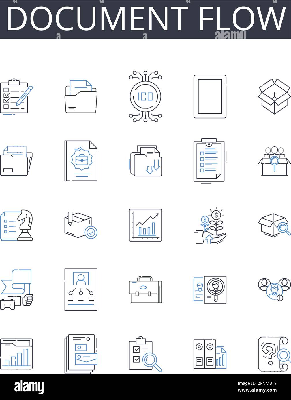 Symbolsammlung für den Dokumentfluss. Workflow-Management, Informationsfluss, Geschäftsprozess, Aufgabensequenz, Prozessflussdiagramm, Daten-Pipeline Stock Vektor