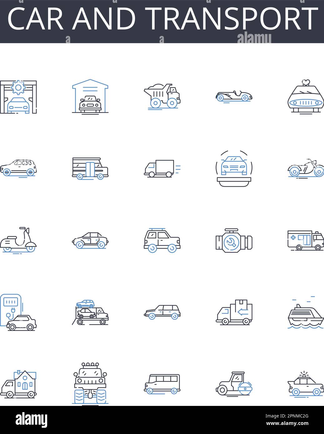 Icons-Kollektion für Autos und Transportlinien. Automobil, Fahrzeug, Lkw, Van, Bus, Motorrad, Motorrad-Vektor und lineare Darstellung. Roller, Wohnwagen, Wohnmobil Stock Vektor