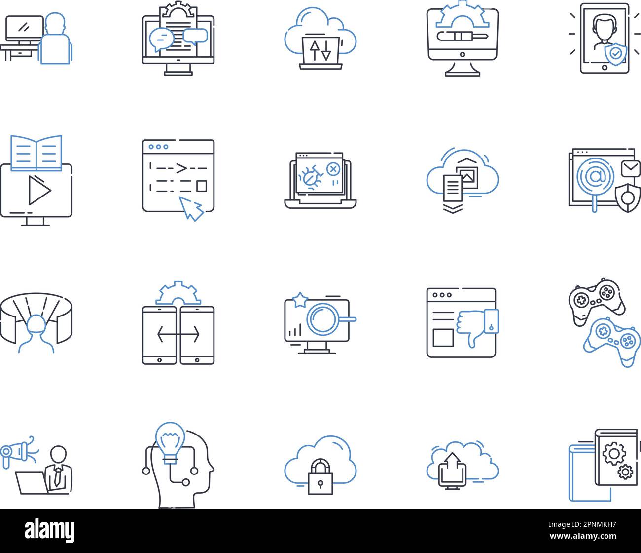 Symbolsammlung für digitale Medien. Social, Streaming, Multimedia, Interaktiv, Virtuell, Animation, Podcast-Vektor und lineare Darstellung Stock Vektor