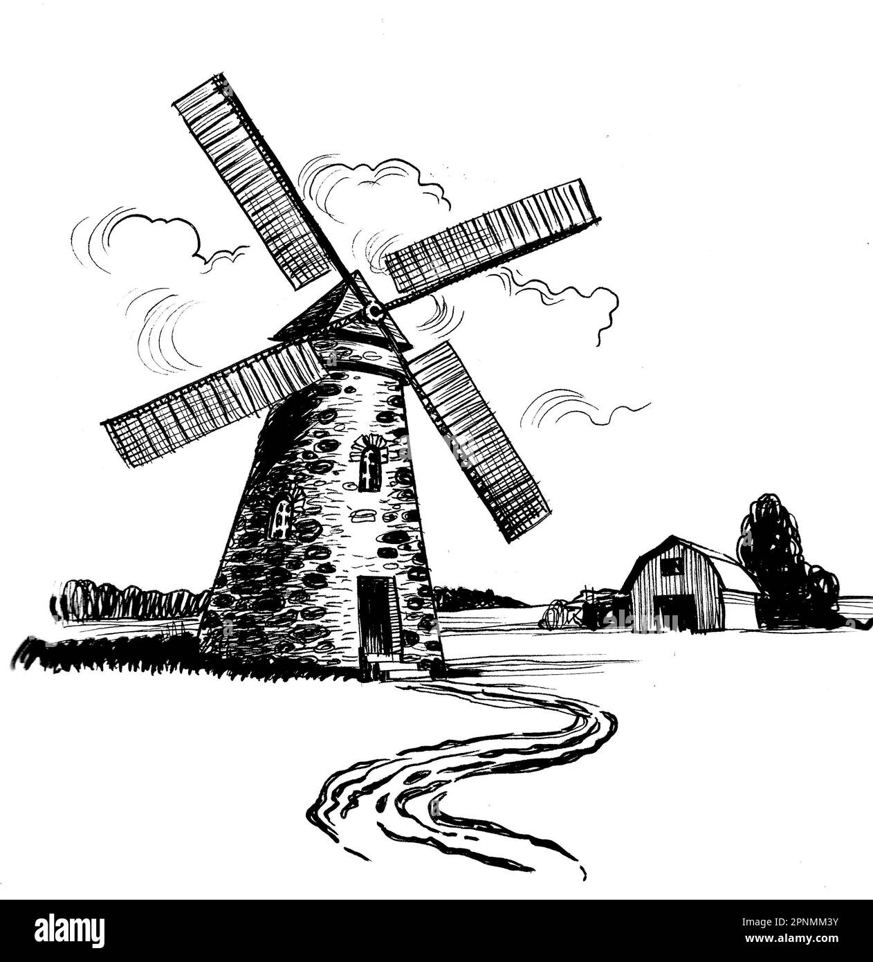 Alte Windmühle auf dem Land. Tinte schwarz-weiß Zeichnung Stockfoto