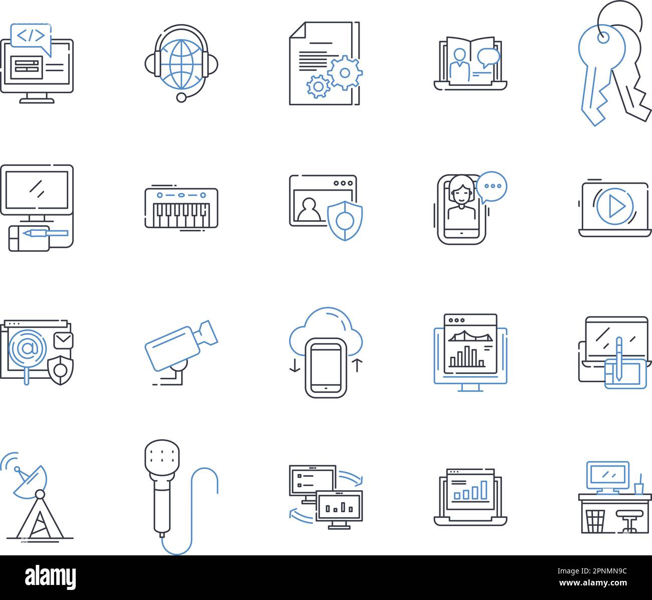 Icons-Kollektion der Elektronikbranche. Silizium, Transistor, Kondensator, Widerstand, Diode, Microchip, PCB-Vektor und lineare Darstellung Stock Vektor