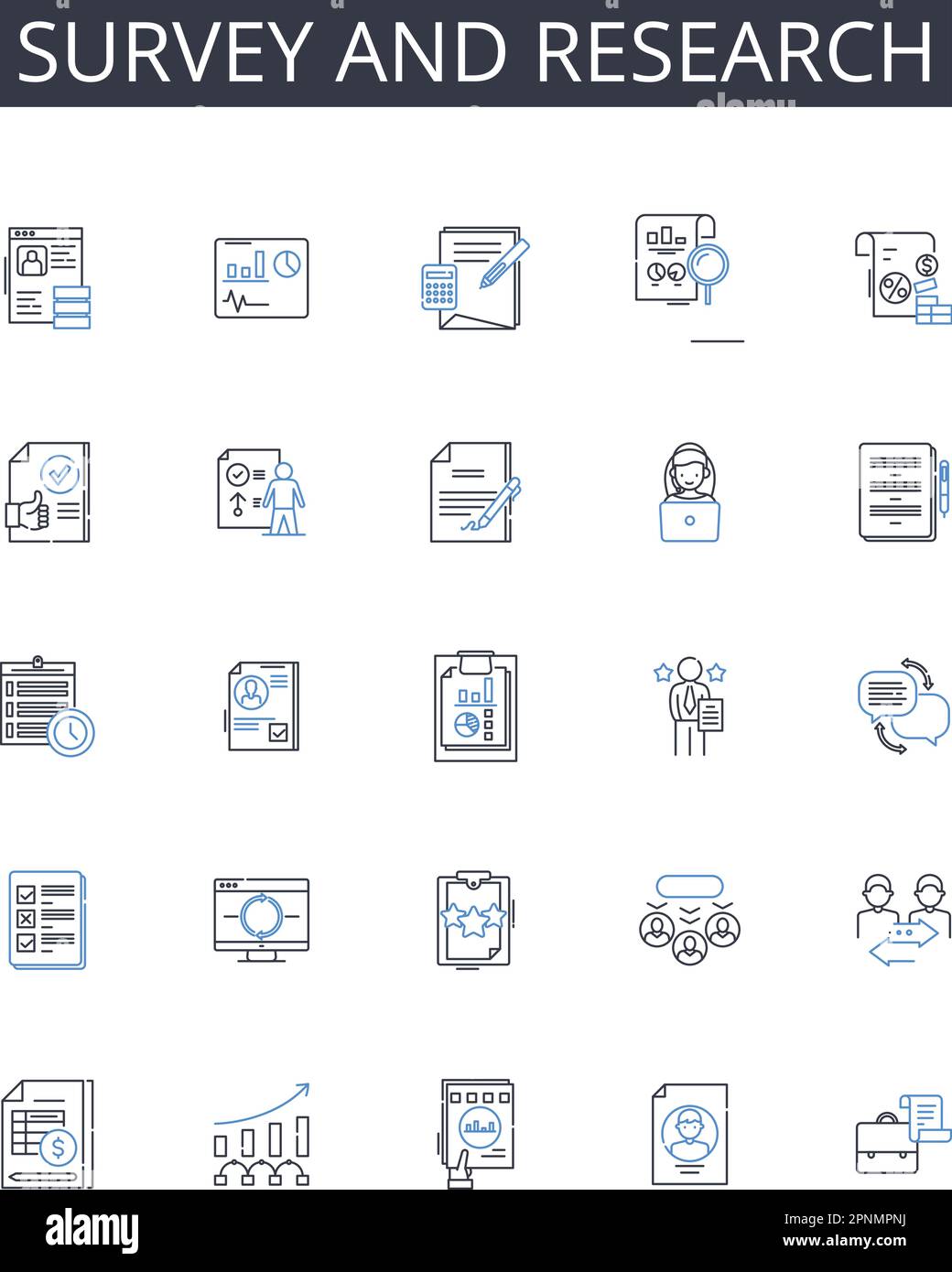 Sammlung von Symbolen für Umfragen und Forschungslinien. Volkszählung, Stichproben, Untersuchung, Abfrage, Prüfung, Abfrage, Analysevektor und lineare Darstellung Stock Vektor