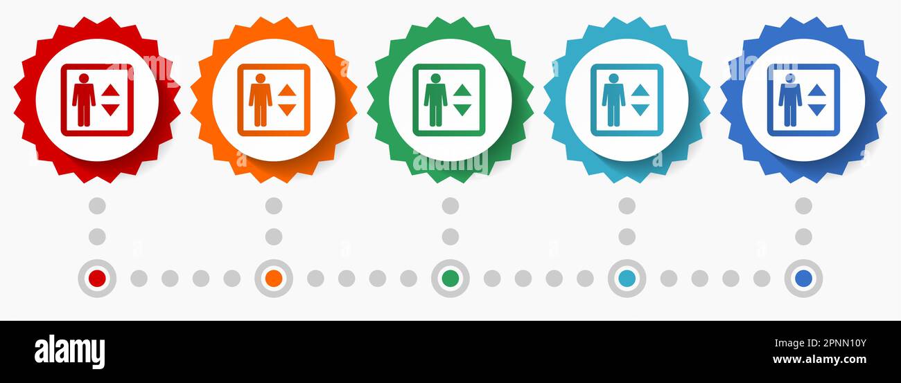 Fahrstuhl, Liftvektor-Symbolsatz, farbenfrohe Infografik-Vorlage, Satz flacher Badge-Symbole in 5 Farboptionen Stock Vektor