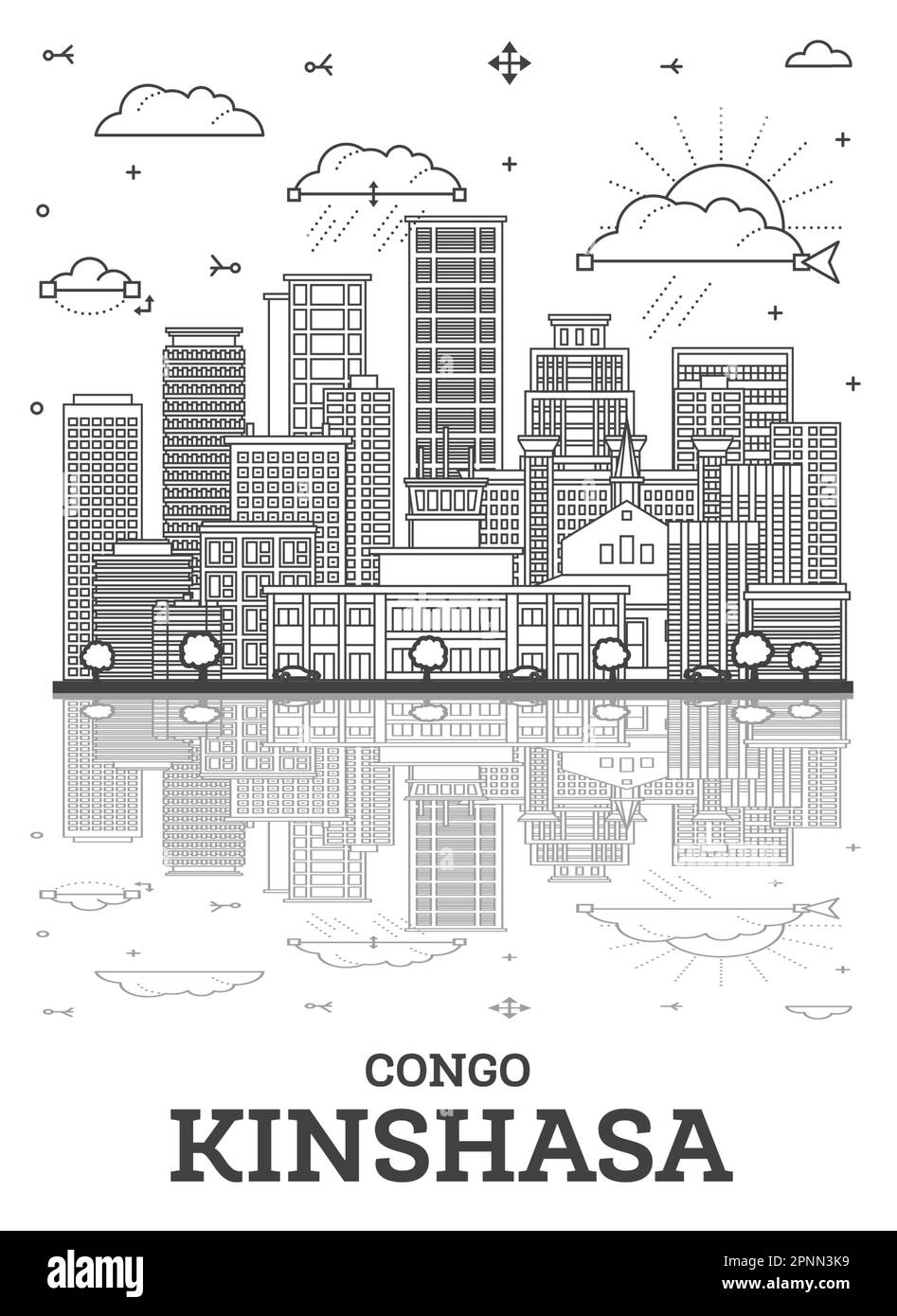 Skizzieren Sie Kinshasa Congo City Skyline mit modernen Gebäuden und Reflektionen isoliert auf Weiß. Vektorgrafik. Kinshasa Stadtbild Afrika. Stock Vektor
