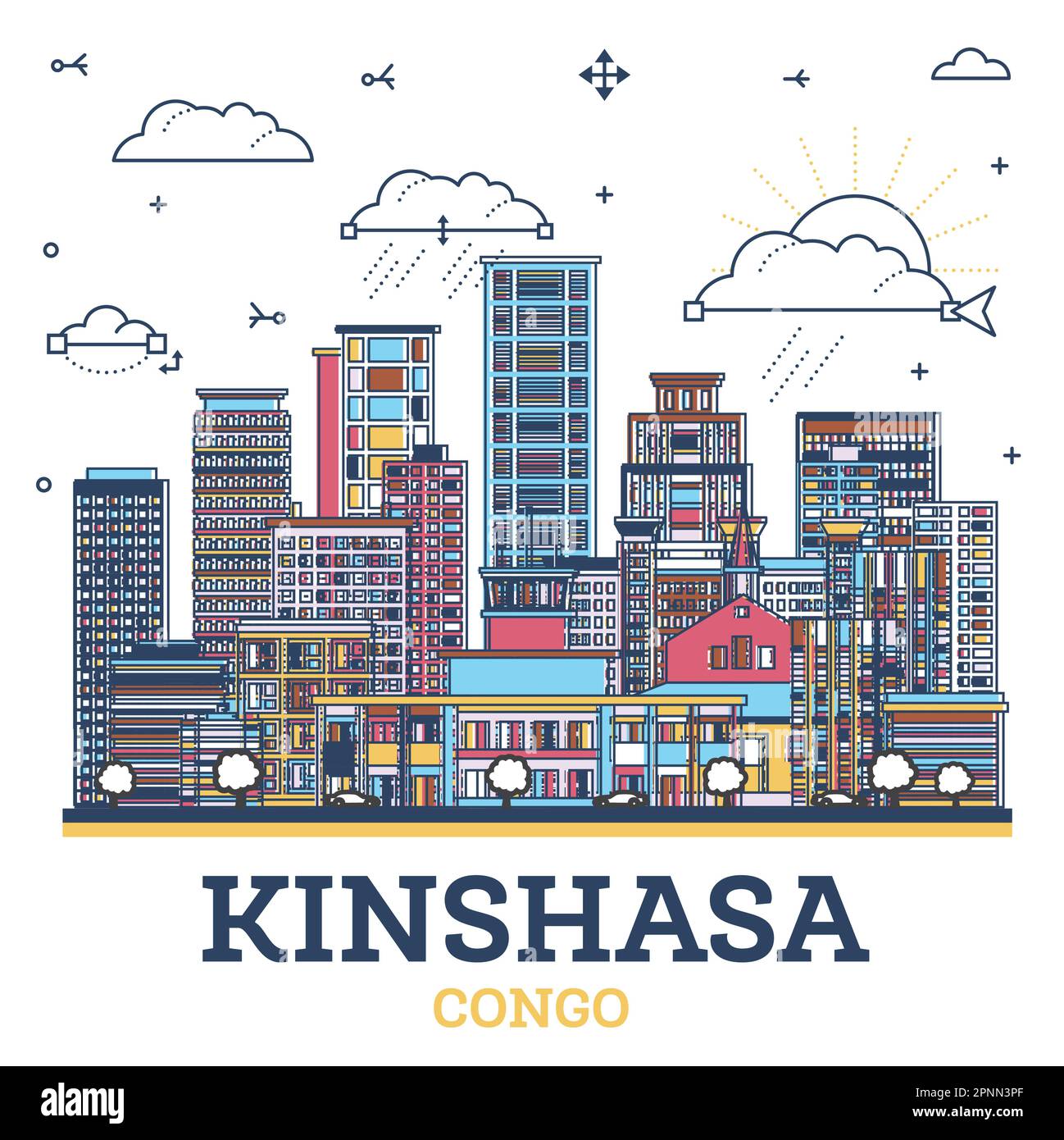 Skizzieren Sie Kinshasa Congo City Skyline mit modernen farbigen Gebäuden isoliert auf Weiß. Vektorgrafik. Kinshasa Afrika Stadtbild mit Wahrzeichen. Stock Vektor