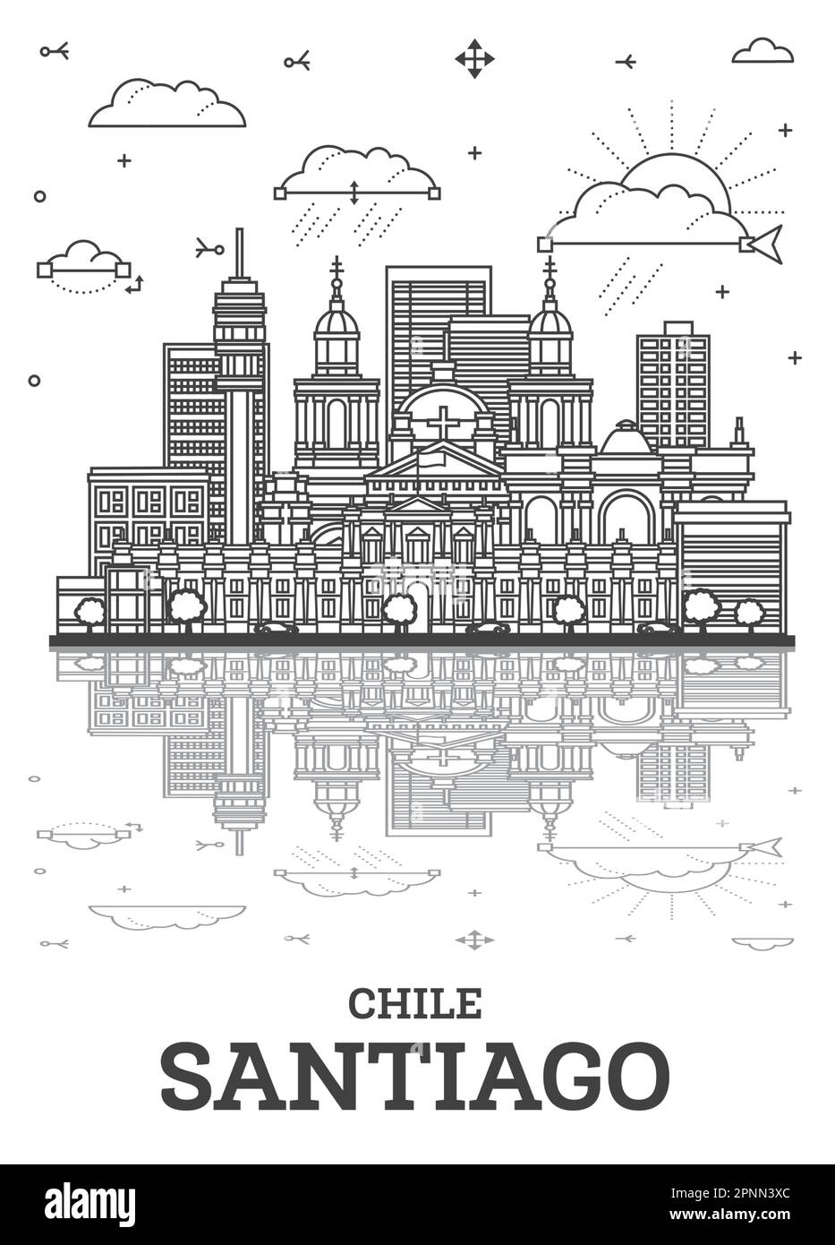 Skizzieren Sie die Skyline von Santiago Chile mit modernen Gebäuden und Reflektionen, die auf Weiß isoliert sind. Vektorgrafik. Stadtbild von Santiago mit Wahrzeichen. Stock Vektor