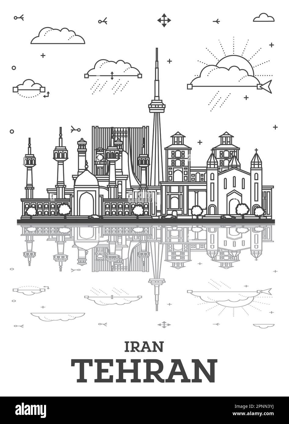 Skizzieren Sie die Skyline von Teheran Iran City mit historischen Gebäuden und Reflektionen, die auf Weiß isoliert sind. Vektorgrafik. Stadtbild Von Teheran In Persien. Stock Vektor