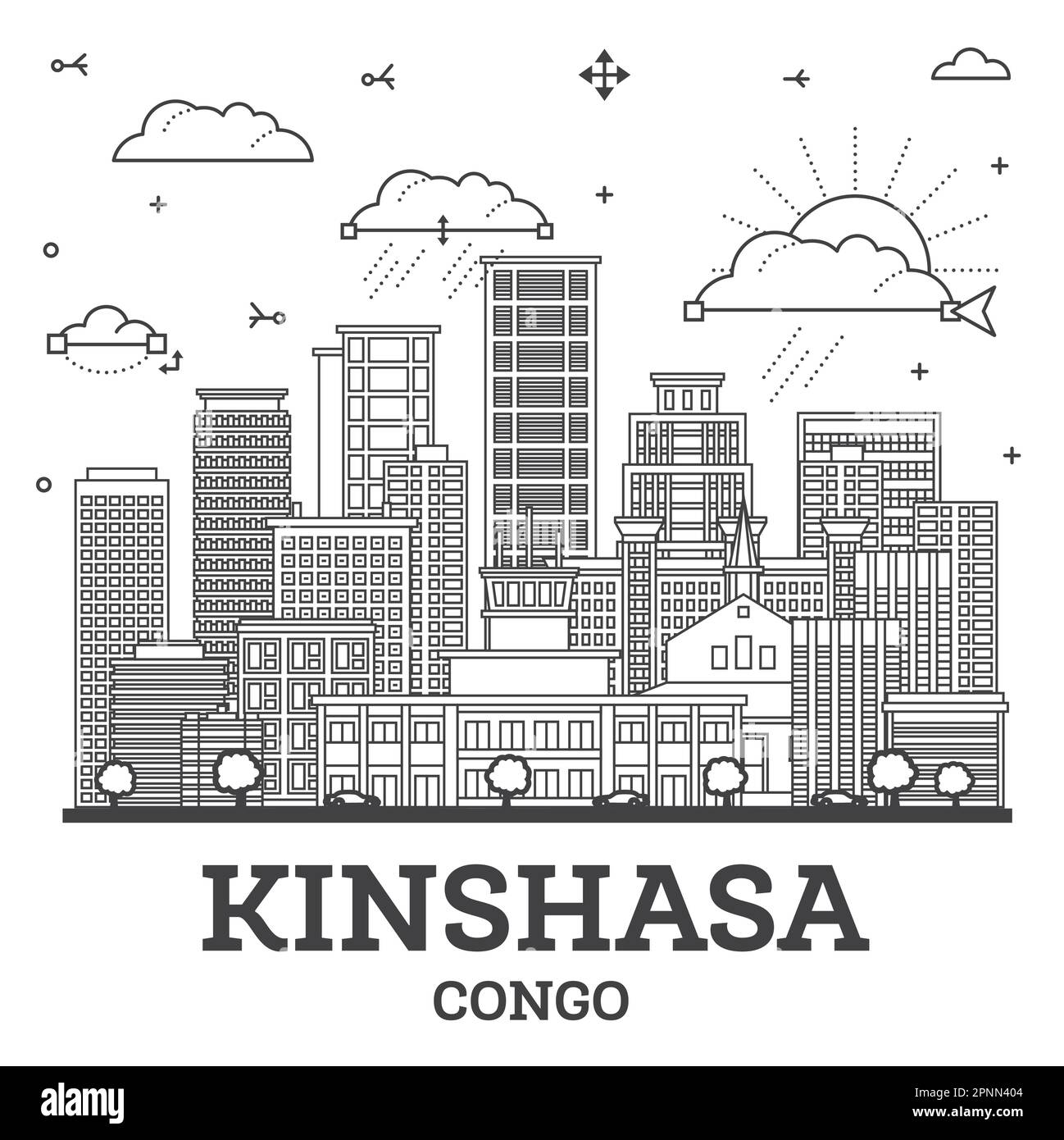 Skizzieren Sie Kinshasa Congo City Skyline mit modernen und historischen Gebäuden isoliert auf Weiß. Vektorgrafik. Kinshasa Afrika Stadtbild mit Landmark Stock Vektor