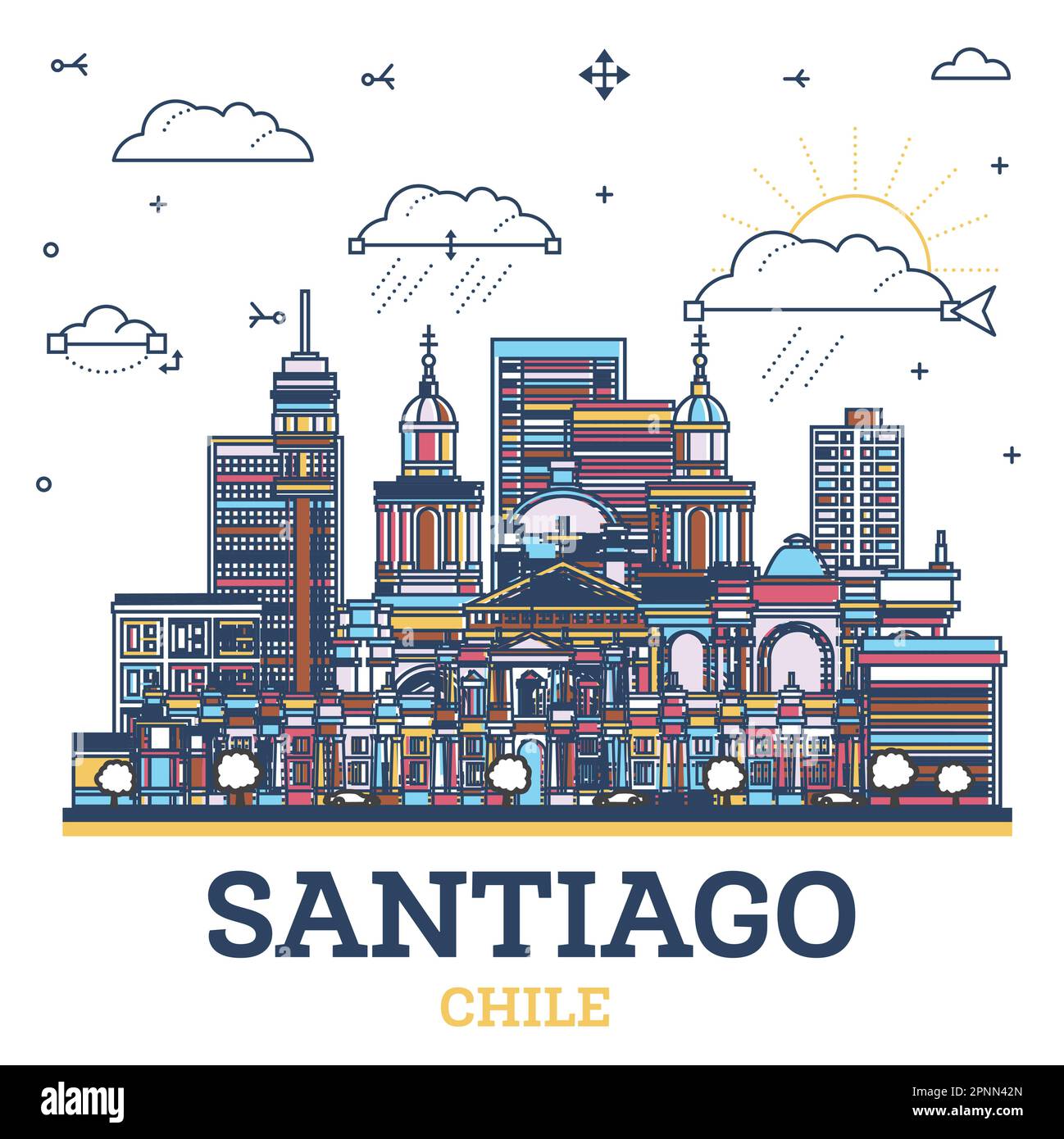 Skizzieren Sie die Skyline von Santiago Chile mit farbigen modernen und historischen Gebäuden, die auf Weiß isoliert sind. Vektorgrafik. Stadtbild Von Santiago. Stock Vektor