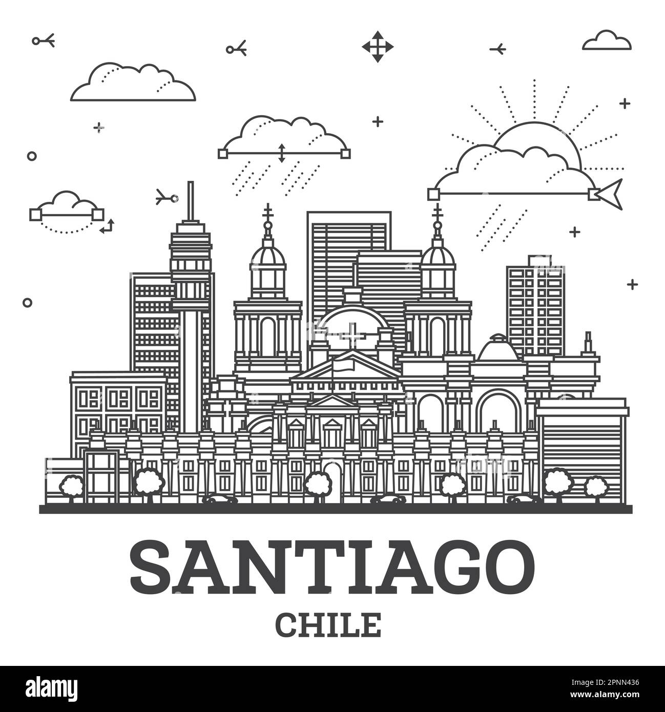 Skizzieren Sie die Skyline von Santiago Chile mit modernen und historischen Gebäuden, die auf Weiß isoliert sind. Vektorgrafik. Stadtbild von Santiago mit Wahrzeichen. Stock Vektor
