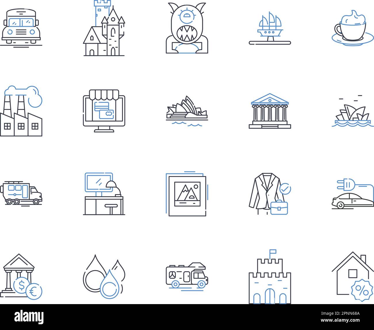 Plaza Line Icons Kollektion. Geschäftig, Lebhaft, Lebhaft, Urbane, Geschäftige, Historische Darstellung, zentraler Vektor und lineare Darstellung. Kultiger, schicker, majestätischer Umriss Stock Vektor