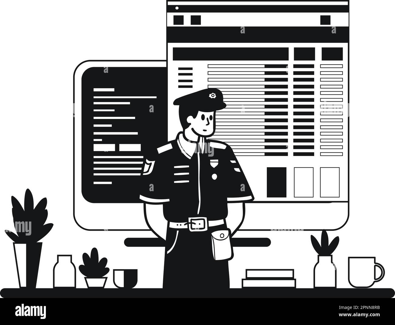 Polizist- und Polizeirevier-Illustration im Kritzelstil isoliert im Hintergrund Stock Vektor