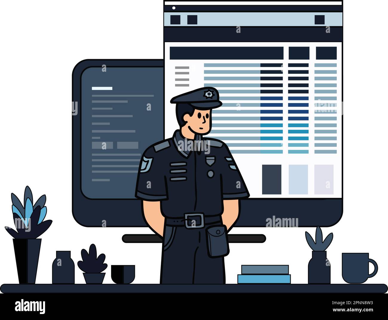 Polizist- und Polizeirevier-Illustration im Kritzelstil isoliert im Hintergrund Stock Vektor