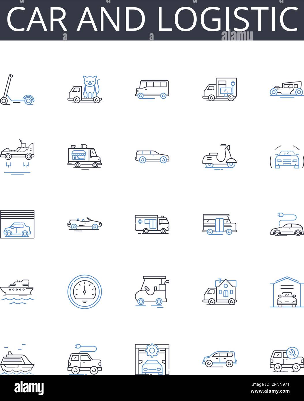 Symbolsammlung für Fahrzeuge und Logistiklinien. Fahrzeug und Transport, Automobil und Transport, Lkw und Transport, Fahrrad und Transport, Van und Stock Vektor