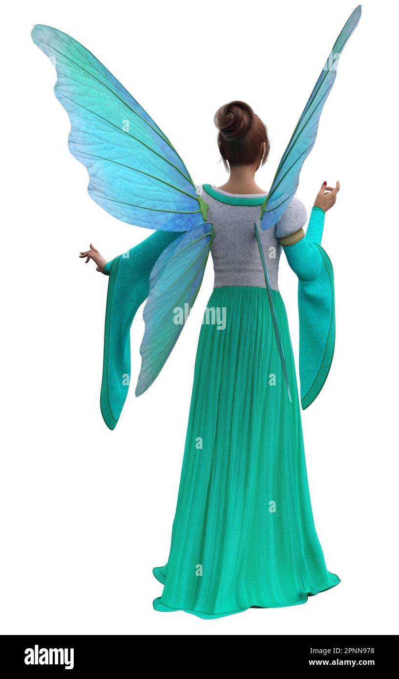 Fantasy Feen Frau in blauem, weißem Kleid mit Flügeln, 3D Illustration. Stockfoto