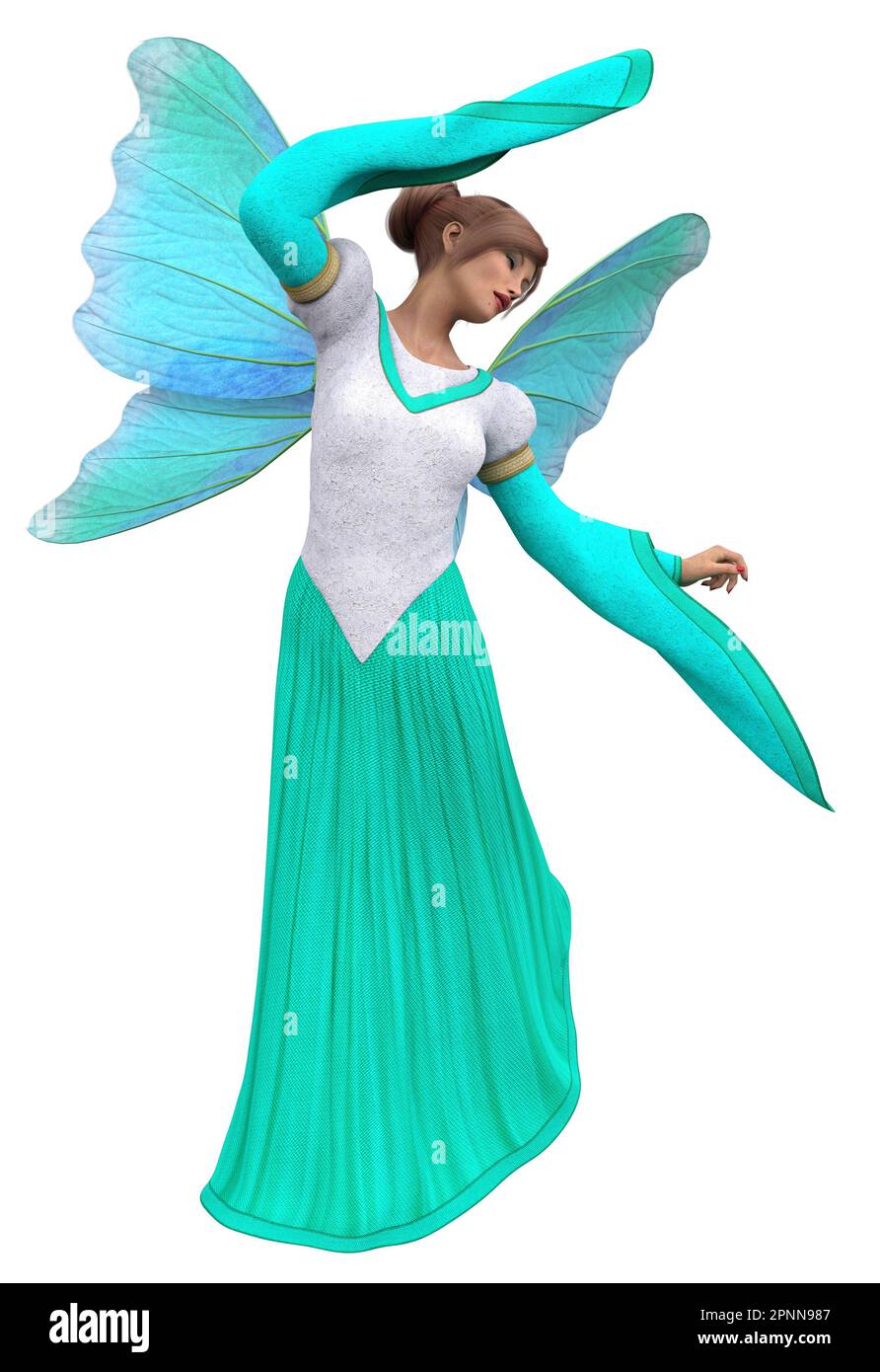 Fantasy Feen Frau in blauem, weißem Kleid mit Flügeln, 3D Illustration. Stockfoto