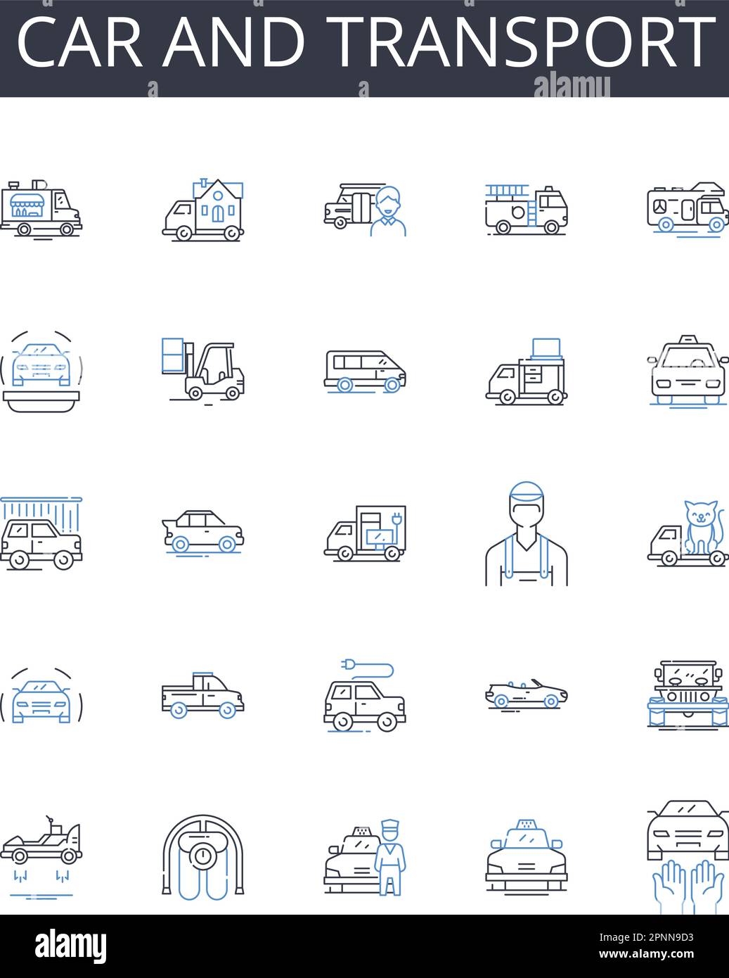 Icons-Kollektion für Autos und Transportlinien. Automobil, Fahrzeug, Lkw, Van, Bus, Motorrad, Motorrad-Vektor und lineare Darstellung. Roller, Wohnwagen, Wohnmobil Stock Vektor