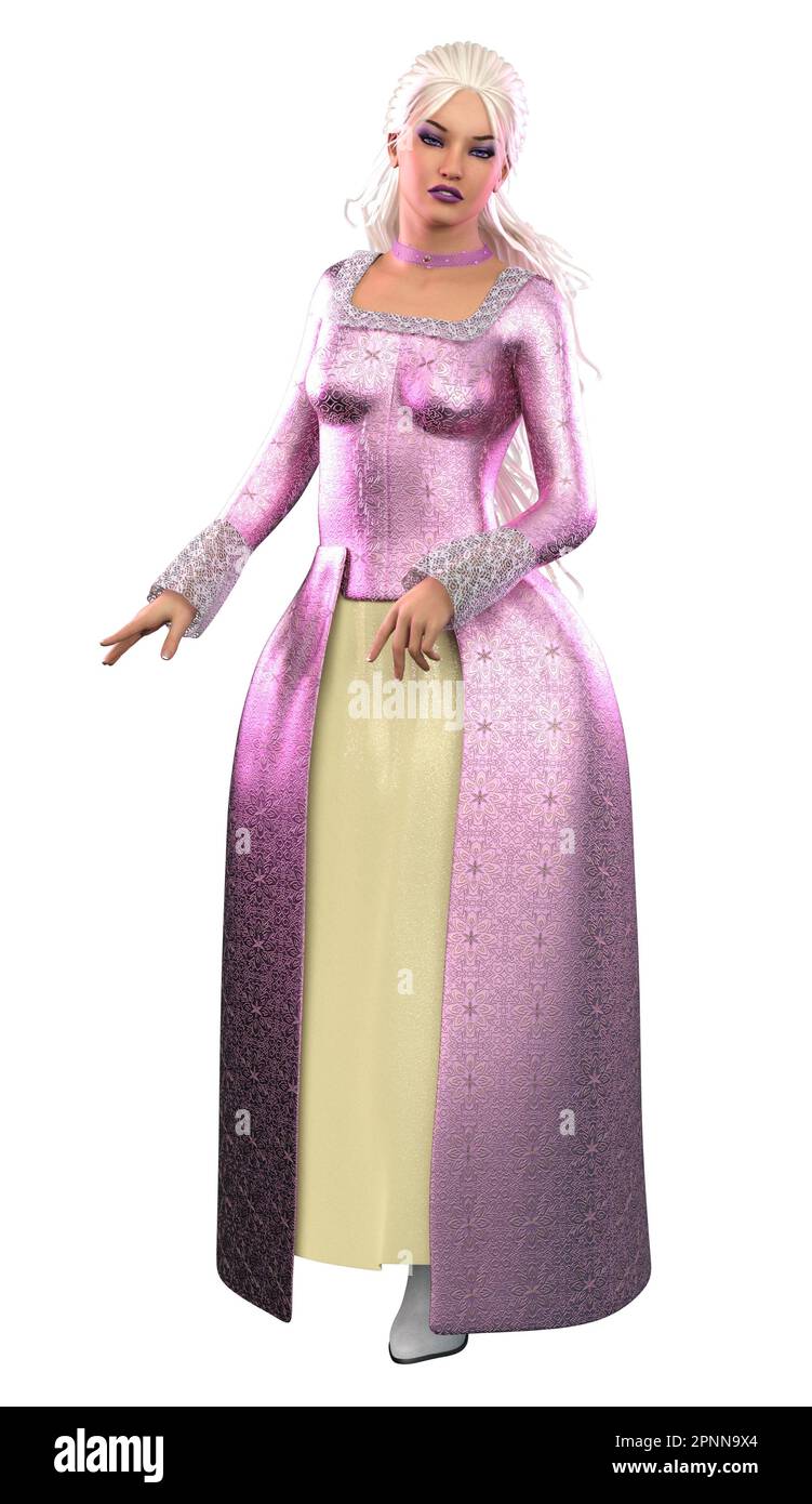 Märchenhafte Prinzessin mit langem weißem Haar trägt lila Ballkleid, Illustration 3D. Stockfoto