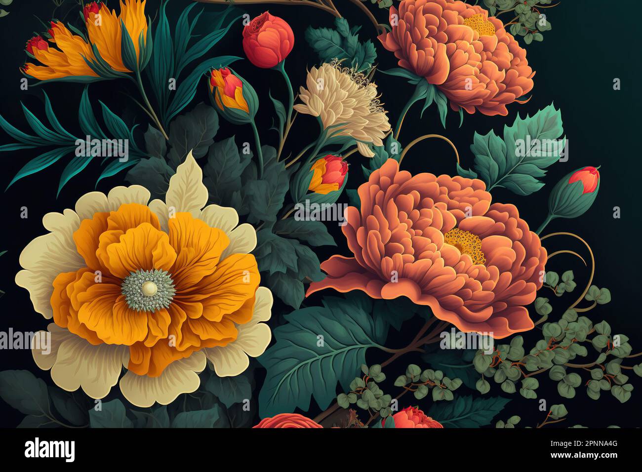 Bunte Blumen Tapete, wunderschöner botanischer Hintergrund, Blumenkulisse Stockfoto