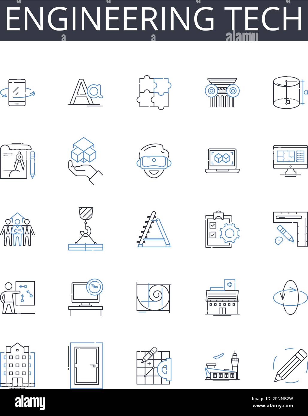 Symbolsammlung für technische Linien. Buchhaltungsfinanzierung, Biologie Leben, Chemie Wissenschaft, Kreative Kunst, Entscheidungsfindung, Bildung und Lernen Stock Vektor