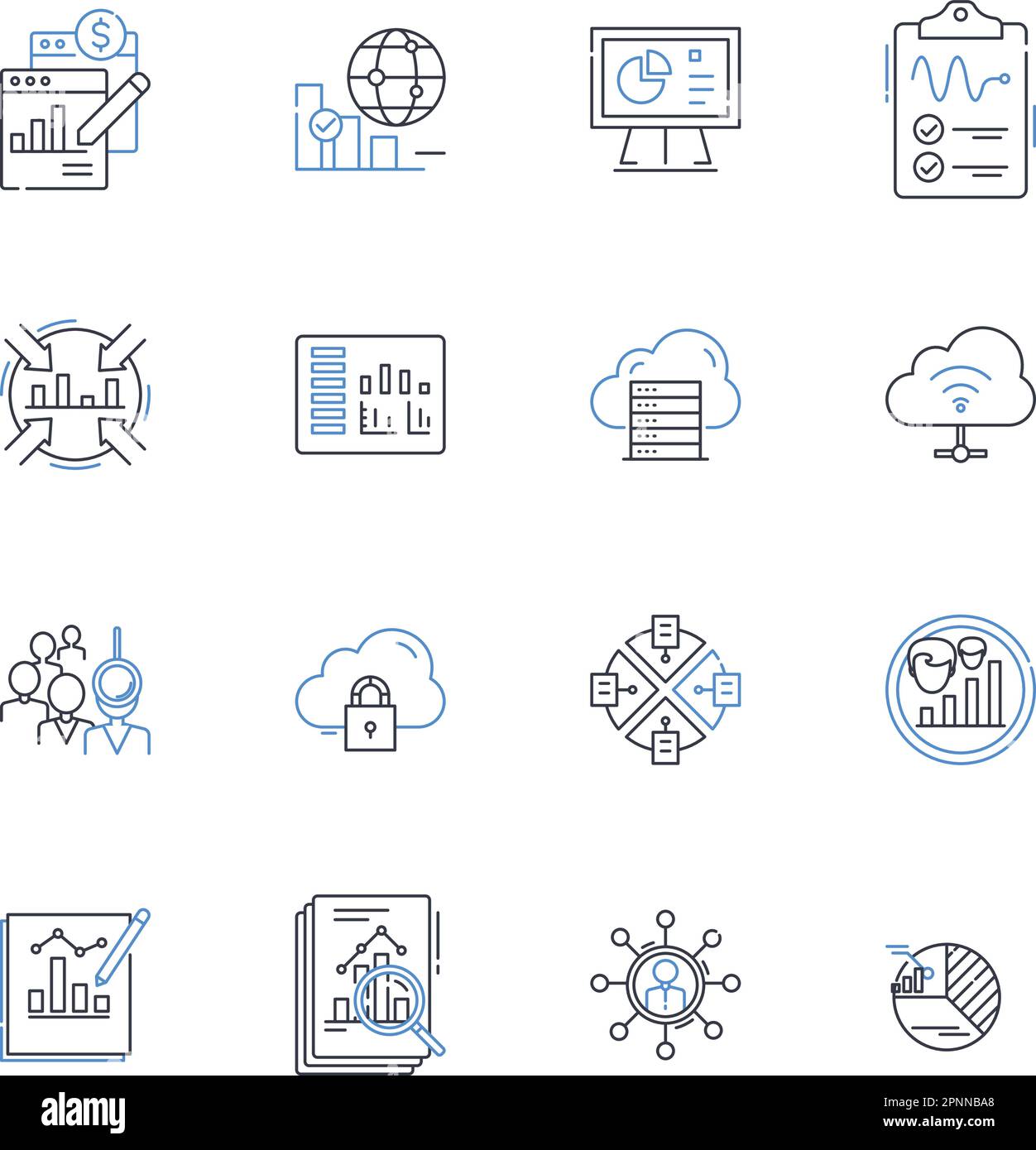 Symbolsammlung für drahtlose Kommunikationsleitungen. WLAN, Bluetooth, Radio, Antenne, Mobiltelefon, Satellit, Nerk-Vektor und lineare Darstellung. Router, Modem Stock Vektor