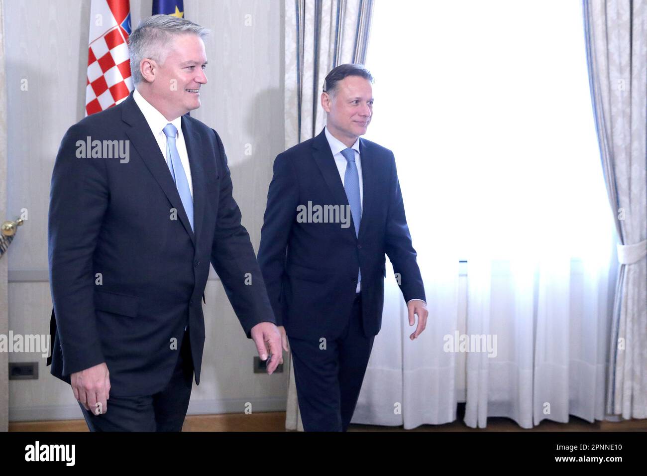 Zagreb, Kroatien, am 20. April 2023. Der Präsident des kroatischen Parlaments, Gordan Jandrokovic, hat heute den Generalsekretär der Organisation für wirtschaftliche Zusammenarbeit und Entwicklung (OECD), Mathias Cormann, am 20. April in Zagreb (Kroatien) empfangen. 2023. Foto: Patrik Macek/PIXSELL Stockfoto