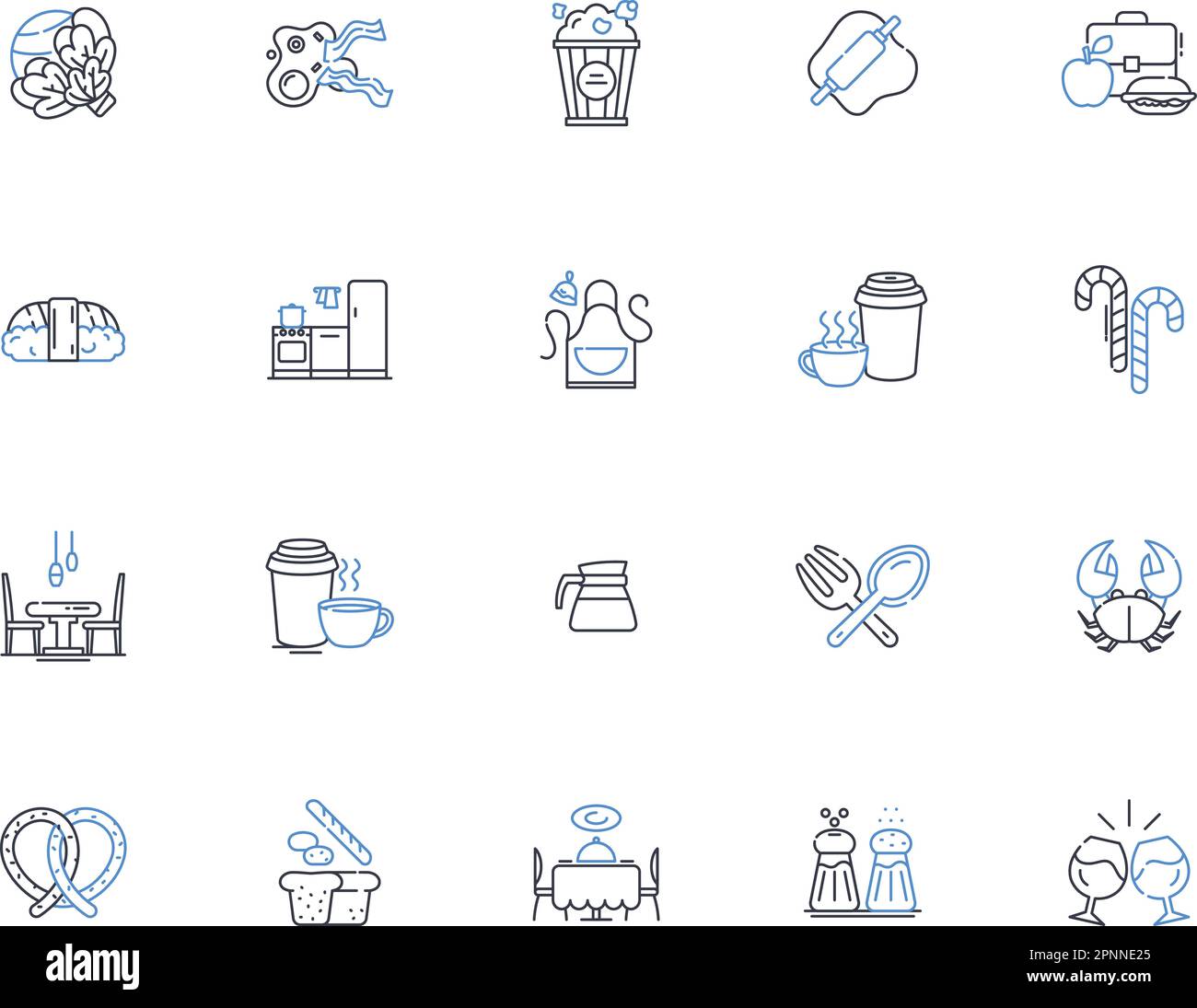 Sammlung von Symbolen für die Kochstelle. Küche, Restaurant, Bistro, Pub, Café, Brasserie, Diner-Vektor und lineare Illustration. Kantine, Buffet Stock Vektor